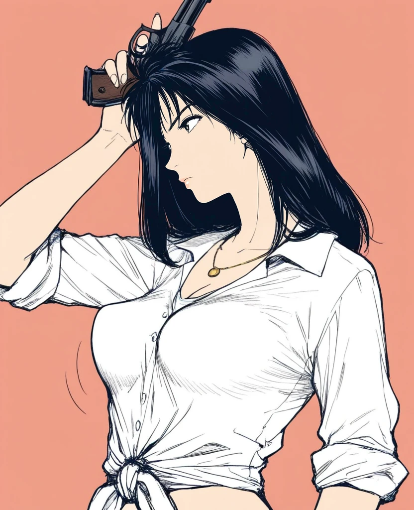 masterpiece, best quality, hatching \(texture\), <lora:shima_ryokoV5:1> , 1girl, solo, shima ryoko, long hair, black hair, white shirt, tied shirt, shirt in shirt, necklace, sleeves rolled up, (cleavage:0.6), perky , , (curvy:0.6), simple background, upper body, handgun up, scratching head