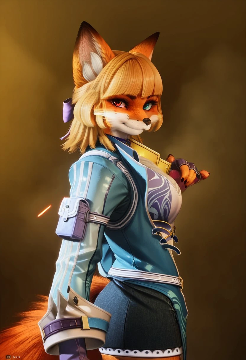 score_9, score_8_up, score_7_up, score_6_up, score_5_up, score_4_up, solo, rating_safe,
1girl (akai hime, heterochromia, red left eye, blue right eye, female, fox, wild assault, pink paw pads, yellow hair, anthro, anthro fox, open eyes, closed mouth, smug grin, looking at viewer), masterpiece, insane quality, dark background with sparkles, MegaFluffyPony, furry, fluffy