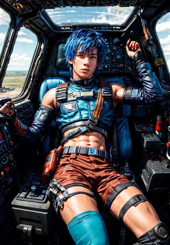 best quality, highly detailed, ultra high quality, masterpiece, high res, vivid color, high saturation, 1young man, (male focus) 22 years old, , male focus, sexy, solo, Short hair, brown hair, Spaceship interior, cockpit,(cyborg:0.9), a silver and blue glow metal, SilverPulse, yoke, seatbelt, window, sitting in shuttle cockpit, (cyborg:0.9), rust, dirty, metal, blue hair, bare midriff, looking at viewer, dynamic pose, arms crossed, high tech background, masterpiece, best quality, high quality <lora:add_detail:1> seatbelt, Dynamic pose, dynamic angle, looking at viewer, seductive face, male, tiny waist, narrow waist, micro waist, Detailed background, spaceship interior, <lora:Background_-_Jet_Pilot_-_Cockpit_-_Airplane:1>, <lora:bulge:1>'