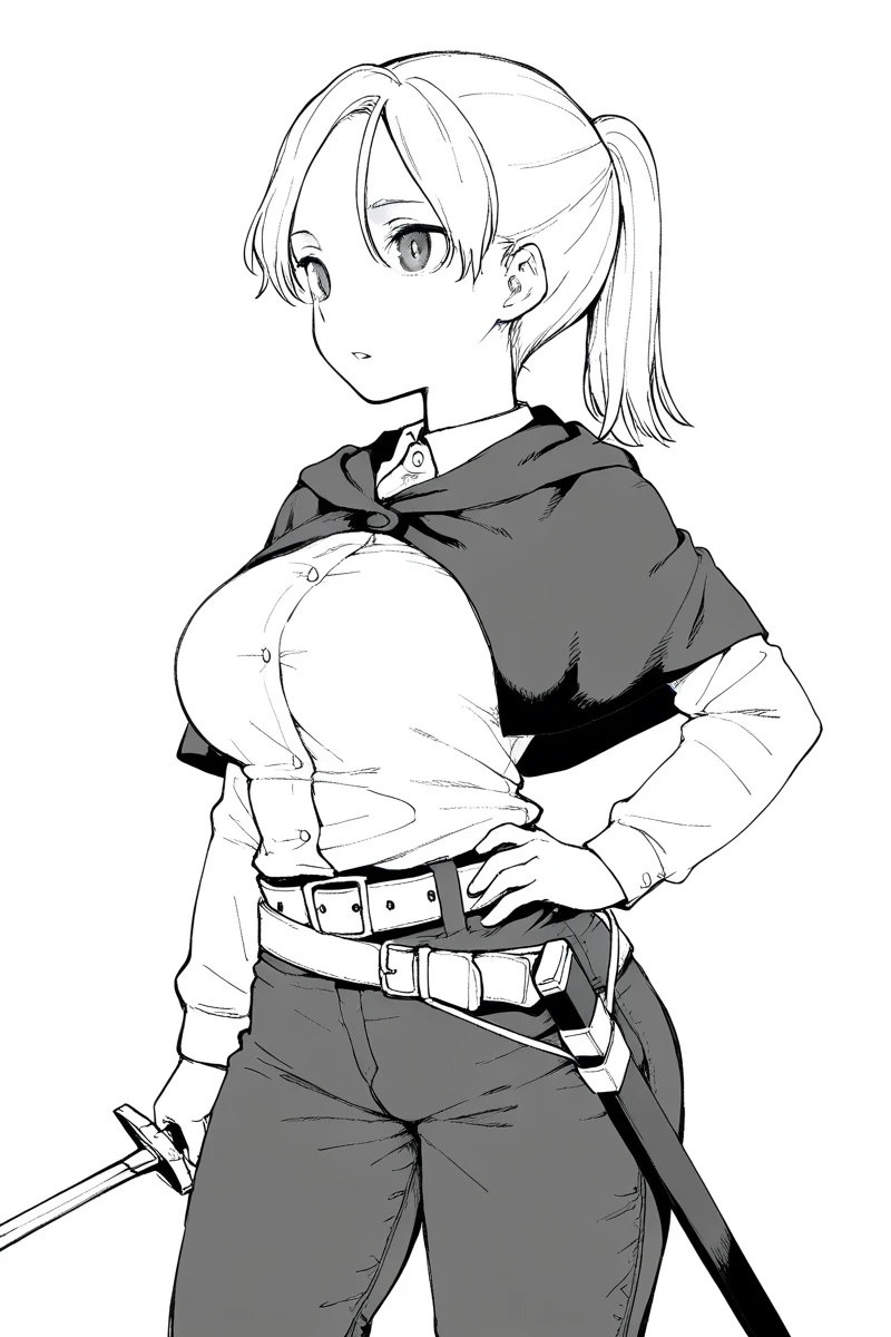 masterpiece, best quality, amazing quality,
 <lora:KubikiriV2_IL:1> kubikiri, 1girl, greyscale, monochrome, solo, pants, ponytail, belt, hand on hip, weapon, shirt, parted lips, capelet, sword, sheath, cowboy shot, breasts, standing