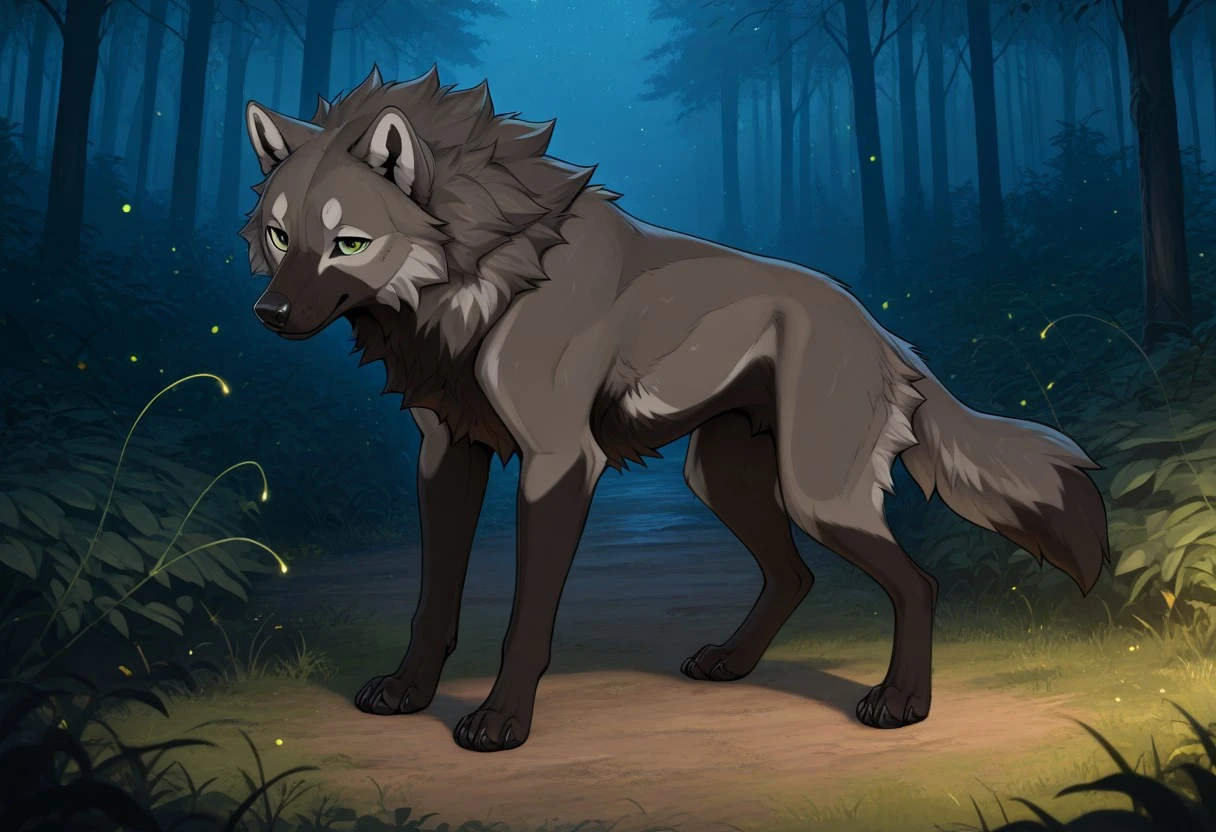 Wolf, feral, quadruped, digitigrade legs, black fur, grey fur, green eyes, detailed,
((feral)), night time, fireflies, forest,
absurdres, masterpiece, best quality, amazing quality, masterpiece, best quality, amazing quality, furry
