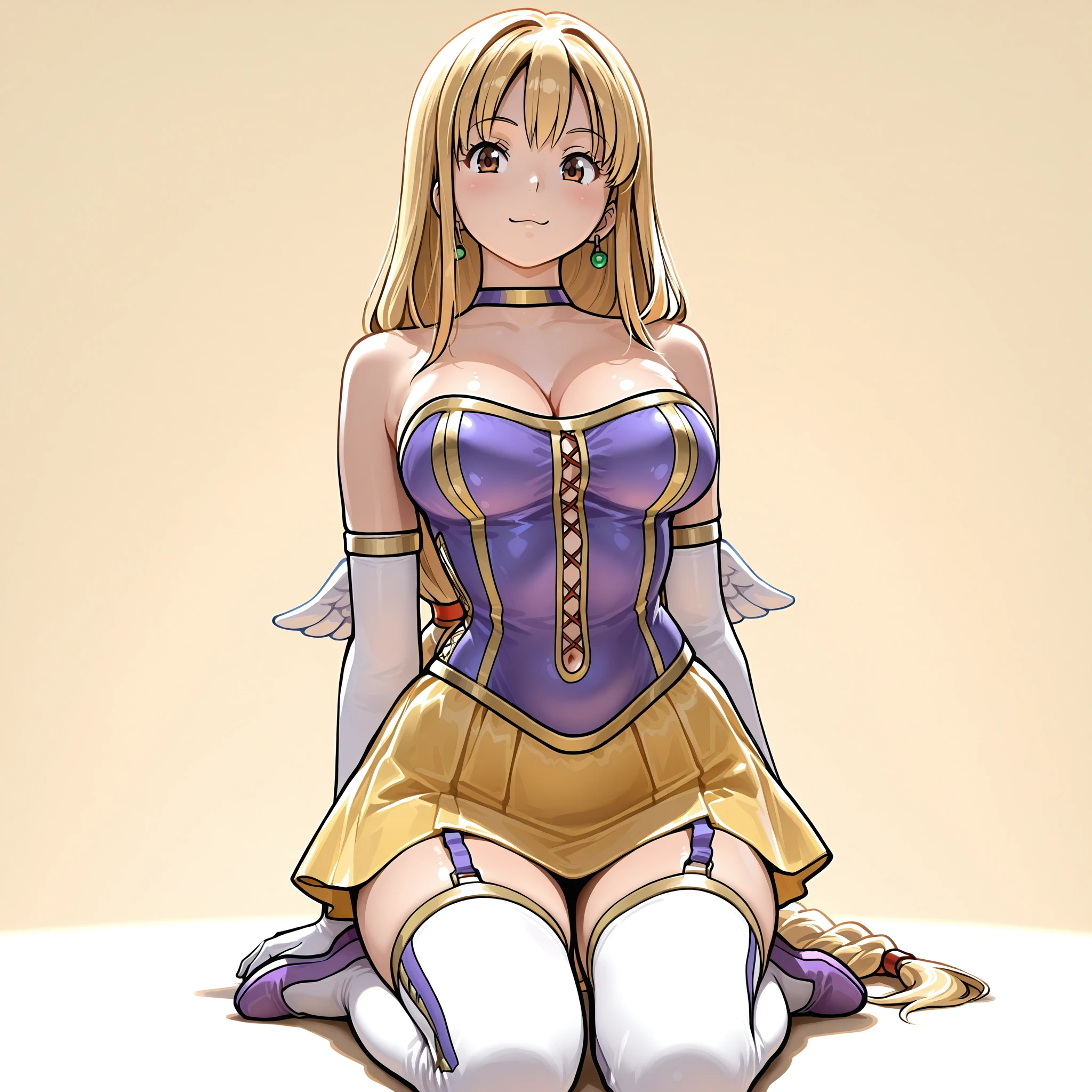 1girl,<lora:Arcthelad_liezaV1.0_illustrious:1.0>,arc_lieza,long hair,blonde hair,brown eyes,low-braided long hair,large breasts,cleavage,full body, <lora:Divine_bustierDIm16alpha4V1_1e-5+_illustrious:0.8>,divine bustier \(dq\),mystical_bustier,purple leotard,yellow skirt,elbow gloves,white gloves, garter straps ,choker,armlet,mini wings,white thighhighs,thighhighs, purple footwear,, masterpiece, best quality, amazing quality, newest,detailed face, beautiful eye