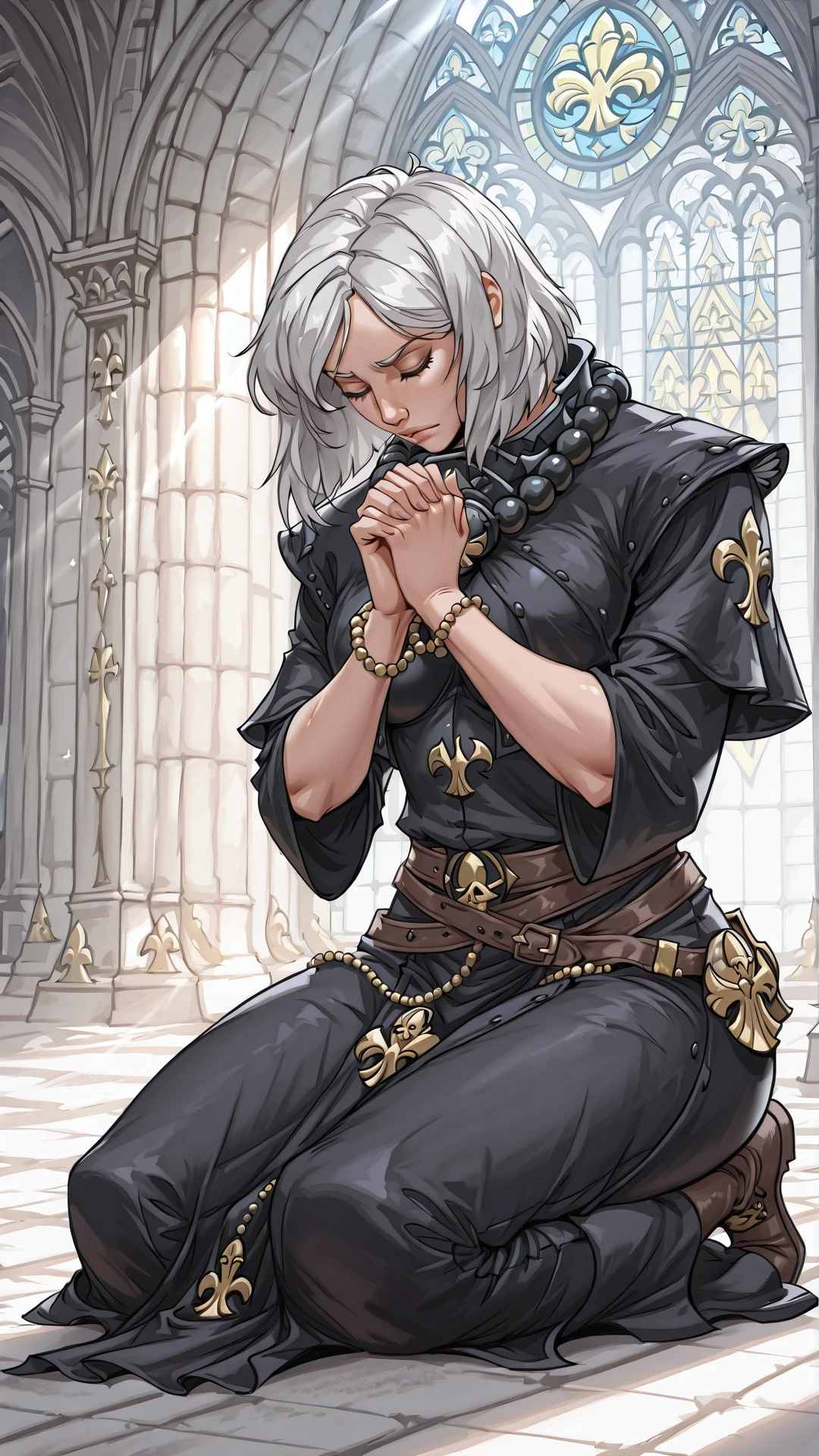 <lora:RogueTraderSisterArgenta:1> RogueTraderSisterArgenta, 1girl, prayer beads, praying, kneeling, closed eyes, looking down, interlocked fingers, cathedral, gothic architecture, stained glass, sunbeam, fleur-de-lis,