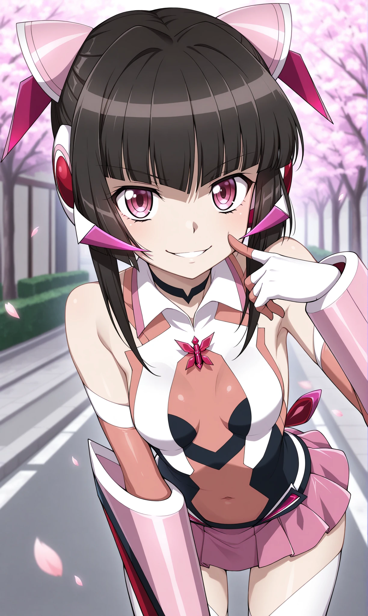 1girl, solo, masterpiece, best quality, amazing quality, cherry blossoms, street, looking at viewer, close-up, leaning forward, evil smile, finger to cheek  <lora:tsukuyomi_shirabe_illust_scarxzys:1>,  sidelocks, tsukuyomi shirabe, pink eyes, black hair, blunt bangs, twintails,  hair ribbon,   headgear, hair ornament, symphogear pendant, white thighhighs, leotard, covered navel, elbow gloves, pink bodysuit, black bodysuit, two-tone bodysuit, two-tone gloves, microskirt, pink skirt, detached sleeves, black choker, white detached collar