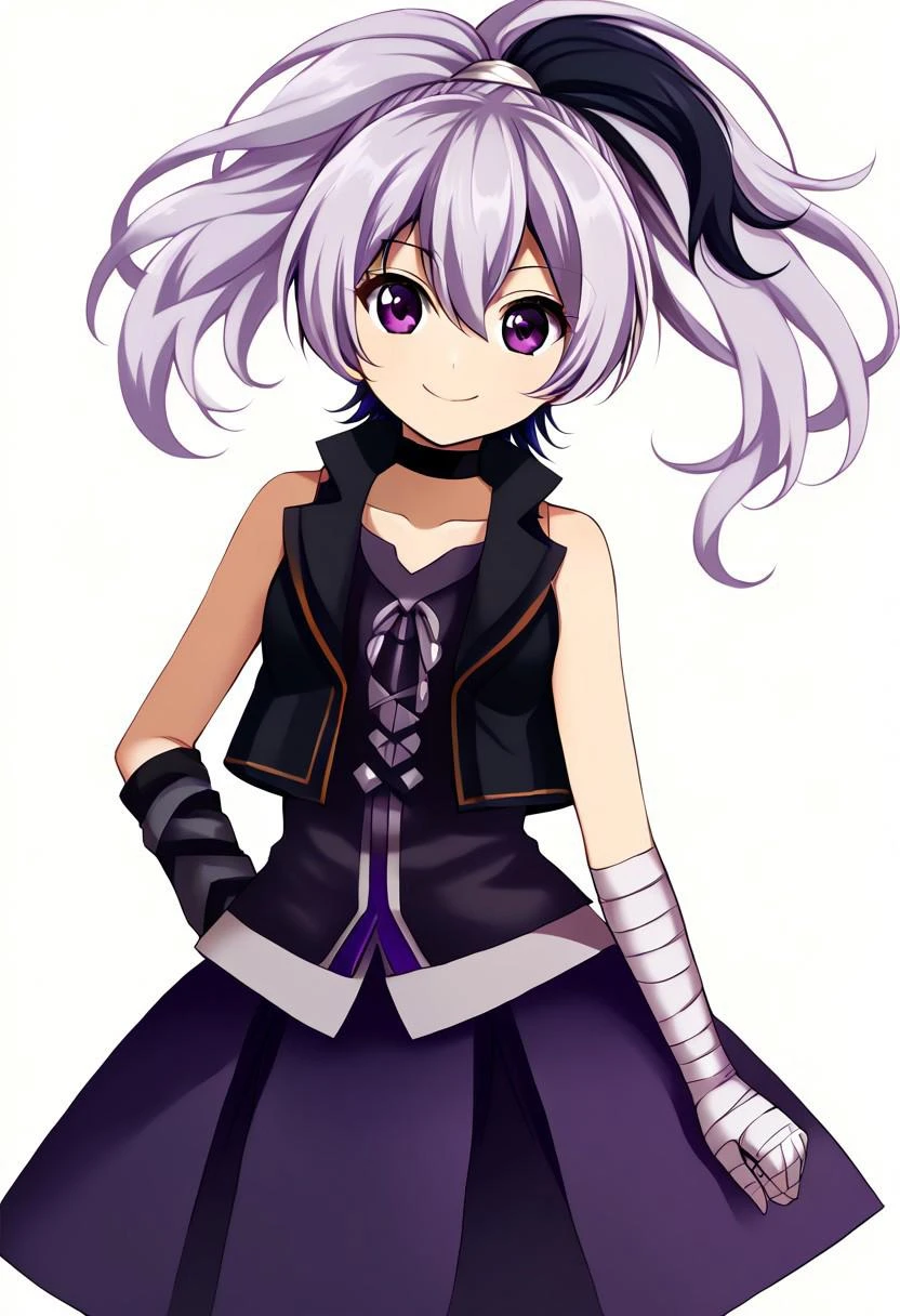 ((harukawa moe style)), ((white background)), ((black contour)), ((solo)), (1girl), posing, (smile), vocaloidflowerv3, long hair, ponytail, streaked hair, white hair, purple hair, sleeveless jacket, vest, arm warmers, purple skirt, choker, bandages, bandaged arm, bare shoulders
