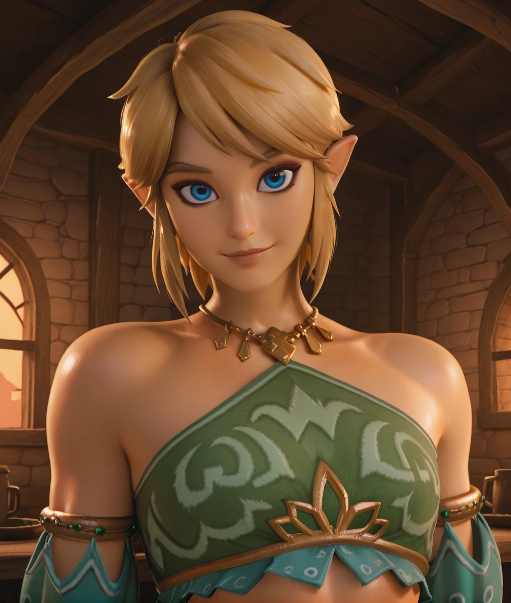 linkfbxl, blond hair, blue eyes, makeup,
detached sleeves, crop top, jewelry, necklace, jewelry, light smile,
upper body, looking at viewer,
solo, close up,
tavern, evening,
(insanely detailed, masterpiece, best quality,), <lora:LinkFbxl-12v1-ILL:0.9>, window,
