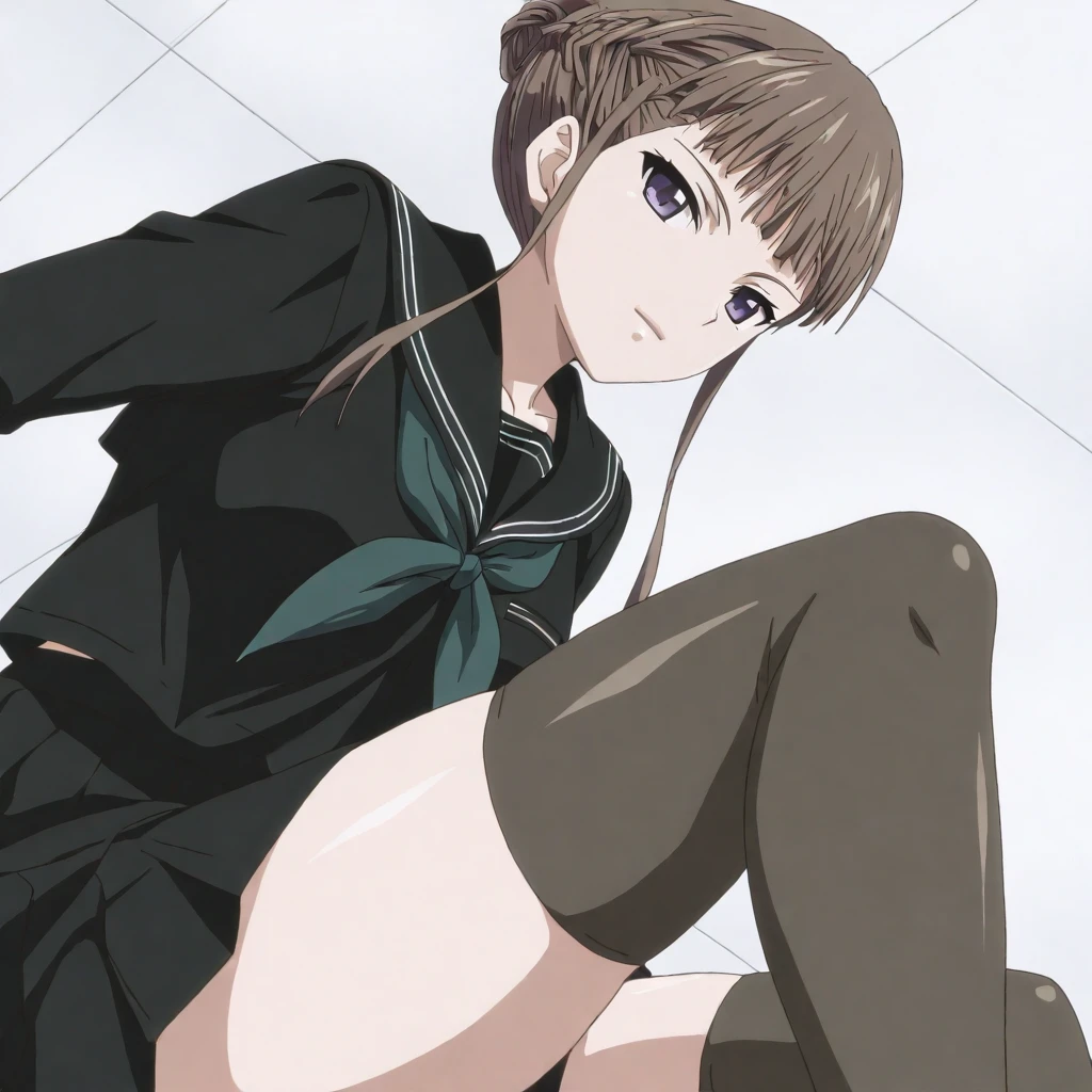 masterpiece,high score,great score,absurdres,anime coloring,looking at viewer,solo,<lora:NemuManaka hassakuill30:1> nemumanaka, brown hair, hair bun, sidelocks, purple eyes,black serafuku,skirt,thighhighs,