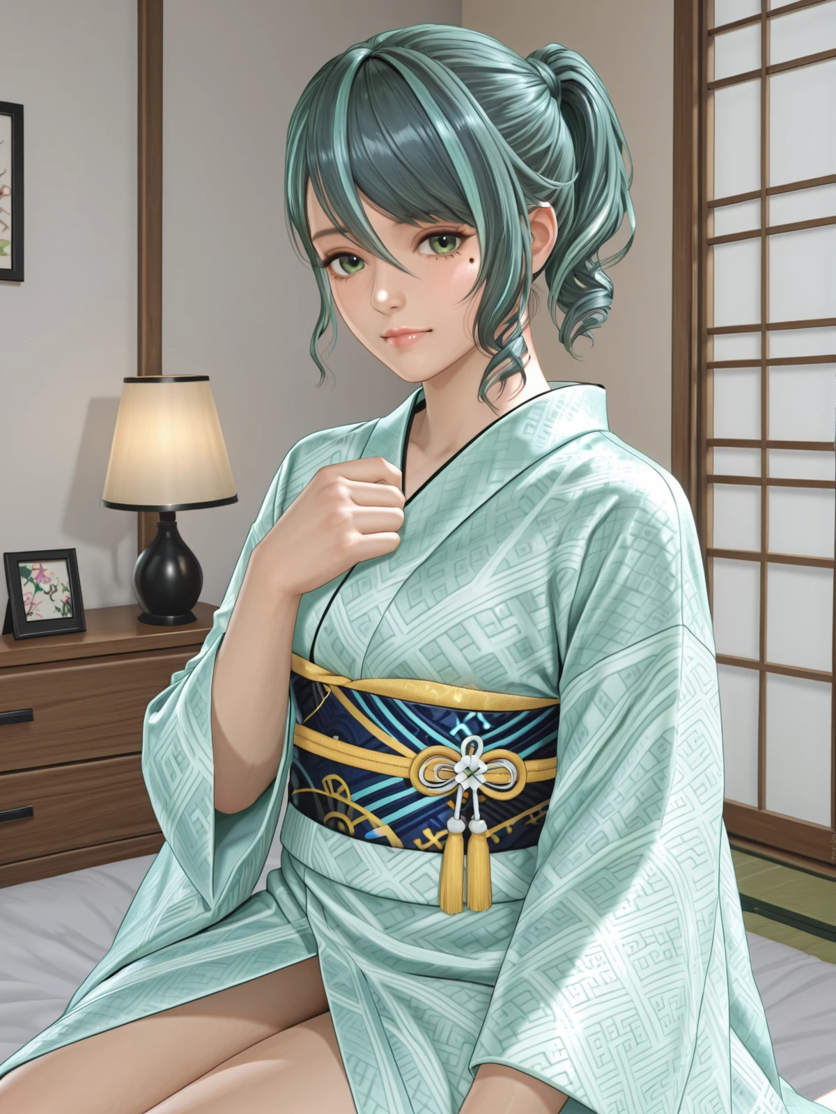 tamaki \(doax vv\),streaked hair,short ponytail,green eyes,mole under eye,kimono,bedroom,