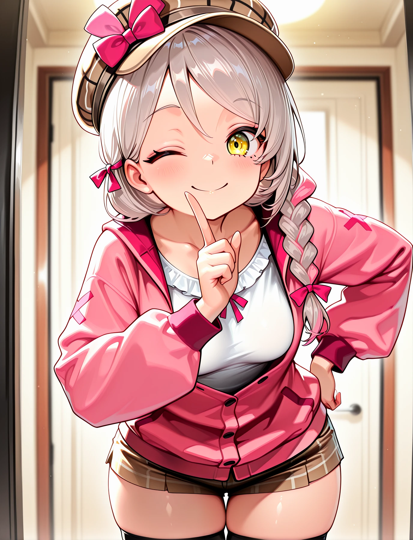 <lora:LECO-mature_female_XL(ill)v11:1> , <lora:Curvier:1>plump, thick thighs, wide hips, curvy,
<lora:FrammeEngage:1> yellow eyes, grey hair, bangs, side braid, bangs, pink bow, medium breasts, FramCas, collarbone, frilled shirt, white undershirt, pink sweater jacket, white-cross partially unbuttoned, brown plaid shorts, plaid hat, pink trim, black thighhighs, brown boots,
<lora:that_is_a_secret_0.0:1> that_is_a_secret,1girl, solo, index finger raised, leaning forward, hand on own hip, one eye closed, smile, upper body,looking at viewer, IllusP0s, masterpiece, best quality, amazing quality, very aesthetic, absurdres, newest, Smooth_Quality