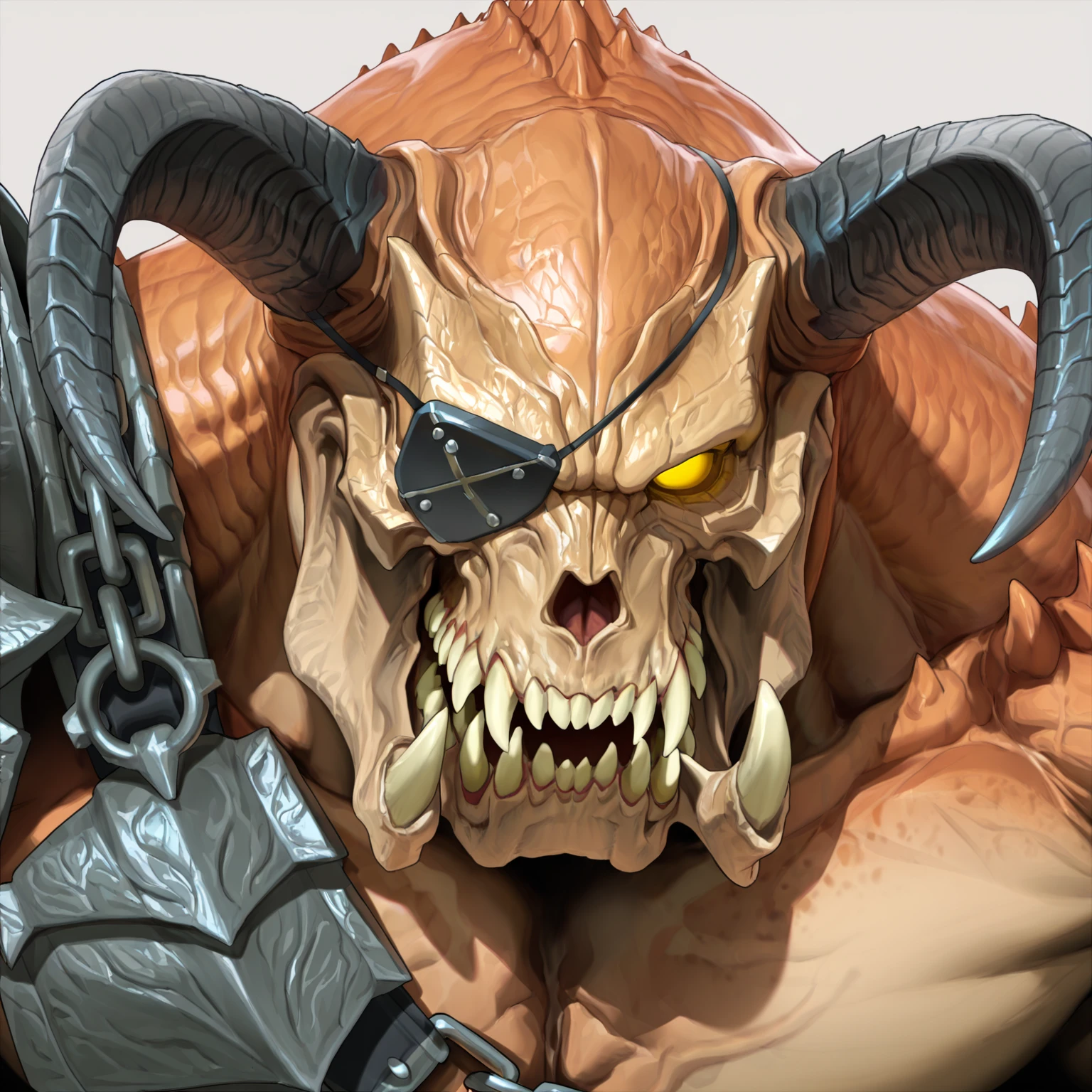 masterpiece, best quality, perfect quality, score_9, score_8, detailed anatomy, perfect anatomy, 1boy, male, solo, no humans,GL4D14T0R,sharp teeth,horns,extra fangs,yellow sclera, no pupils,eye patch,creature,hump,monster, close up, 3/4 angle shot,justmegabenewell,pauldron,chain