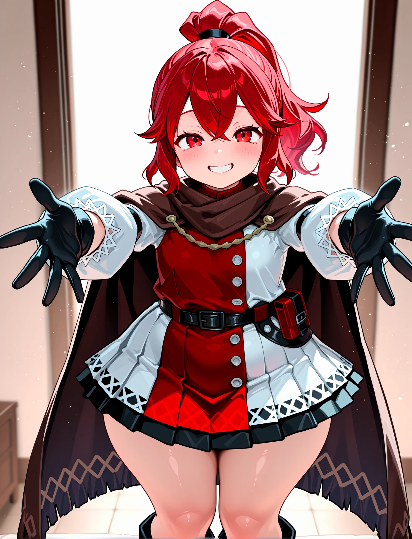 <lora:LECO-mature_female_XL(ill)v11:1> , <lora:Curvier:1>plump, thick thighs, wide hips, curvy,
<lora:AnnaEngage:1> AnnaENG, red hair, red eyes, hair between eyes, sidelocks, bangs, high ponytail, BaseOutfit, two tone dress, long juliete sleeves, black gloves, arm guards, black belt, pounch, lace trim dress, bare legs, black boots, brown cape,
 <lora:HugInvitation:1> incoming hug, smile, looking at viewer, pov,, IllusP0s, masterpiece, best quality, amazing quality, very aesthetic, absurdres, newest, Smooth_Quality