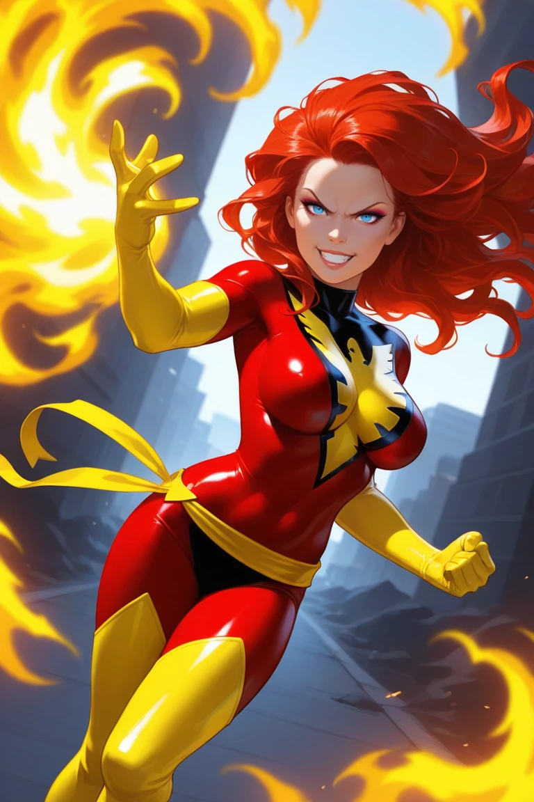 DarkPhoenix, 1girl, solo, long hair, bbw, , looking at viewer, thighhighs, gloves, , blue eyes, red hair, boots, elbow gloves, lips, , makeup, thigh boots, fire, clenched hand, skin tight, magic, superhero, thigh boots, yellow gloves, yellow thighhighs, red , yellow , yellow belt, phoenix symbol, yellow waist ribbon, red , yellow boots, outdoors, backlighting, side lighting,  comic art style, angry, smile, teeth