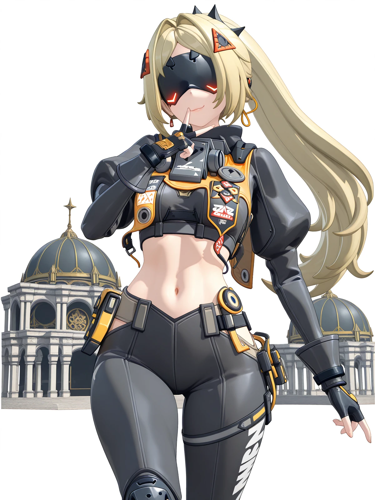 masterpiece, best quality, amazing quality,, <lora:zzz-trigger-ingame-illustriousxl-lora-nochekaiser:1>, trigger, trigger (zenless zone zero), blonde hair, covered eyes, eye mask, hair intakes, hair ornament, long hair, parted bangs, ponytail, very long hair, mature female, small breasts, 3d, black gloves, black pants, crop top, fingerless gloves, juliet sleeves, knee pads, leggins, long sleeves, midriff, navel, puffy sleeves, zipper pull tab, v, v over mouth, smug,, mosque, dome, prayer, holy, architecture, cowboy shot, solo, looking at viewer, <lora:transparent-background-illustriousxl-lora-nochekaiser:1>, transparent background, simple background, white background
