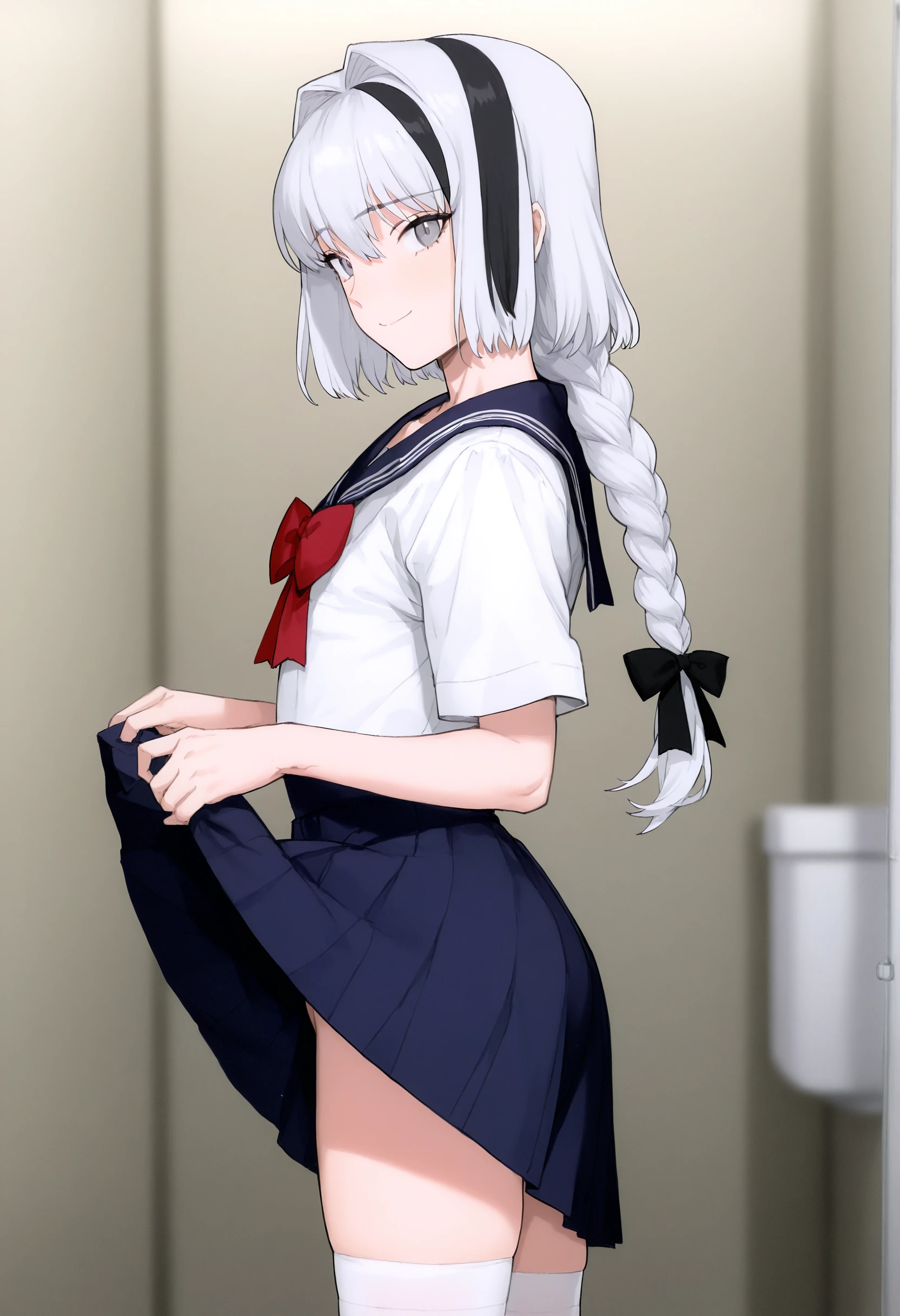 (from side), sideways,  1boy, black bow, blurry, blurry background, bow, braid, clothes lift, crossdressing, crossdressing \(mtf\), hair between eyes, hair bow, hair intakes, indoors, lifting own clothes, long braid, long hair, looking at viewer, male focus, multicolored hair, official alternate costume, sailor collar, skirt, pleated skirt, public restroom, sailor collar, school uniform, serafuku, shirt, single braid, skin, skirt, skirt lift, smile, solo, streaked hair, thighhighs, trap, white hair, white shirt, white thighhighs,
masterpiece, best quality, highres, absurdres, lord of trash
<lora:a-10_lord_of_trash_v2_030:1.5>