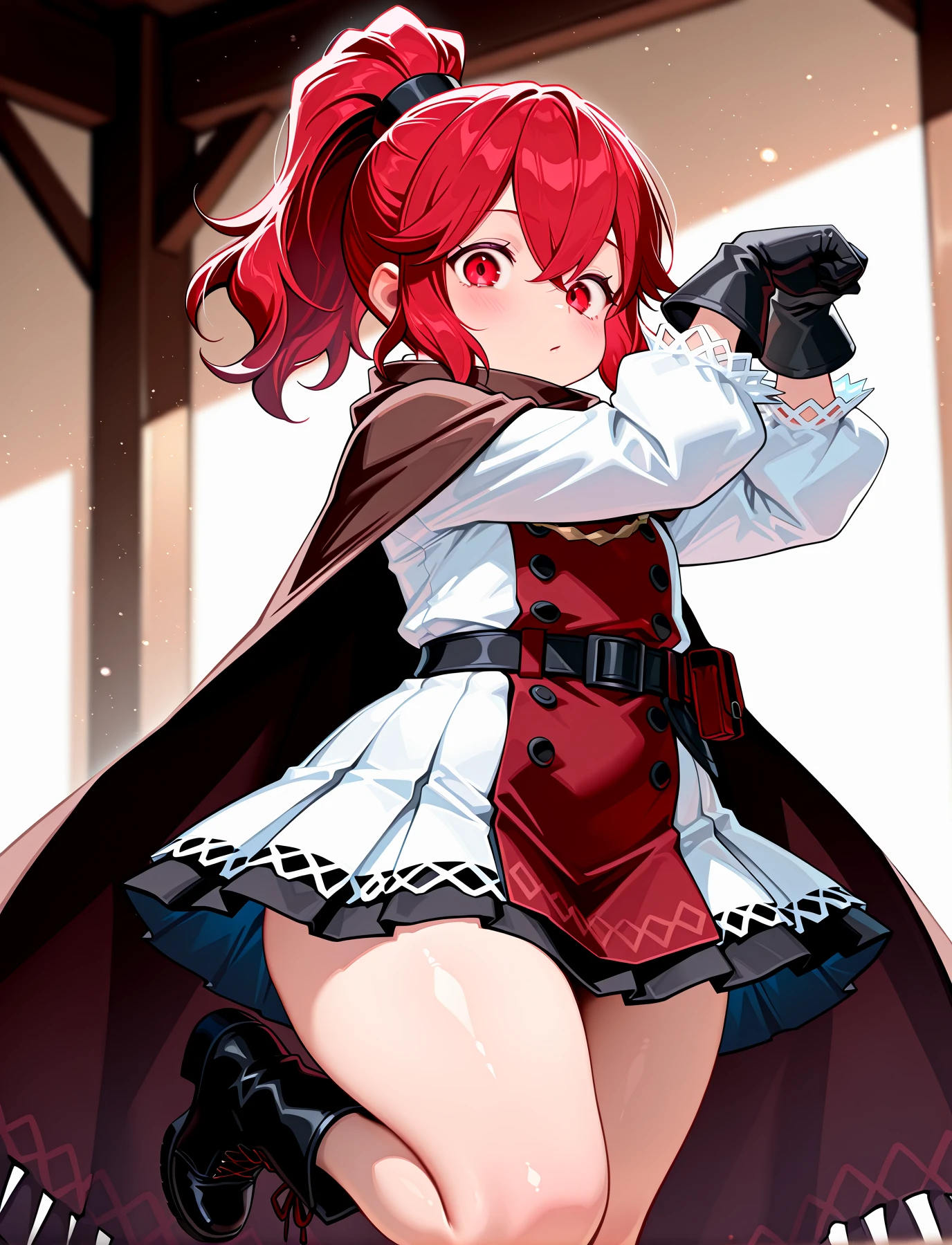 <lora:LECO-mature_female_XL(ill)v11:1> , <lora:Curvier:1>plump, thick thighs, wide hips, curvy,
<lora:AnnaEngage:1> AnnaENG, red hair, red eyes, hair between eyes, sidelocks, bangs, high ponytail, BaseOutfit, two tone dress, long juliete sleeves, black gloves, arm guards, black belt, pounch, lace trim dress, bare legs, black boots, brown cape,
<lora:first_place_pose0.13ILXL:1> first place pose, standing on one leg, IllusP0s, masterpiece, best quality, amazing quality, very aesthetic, absurdres, newest, Smooth_Quality