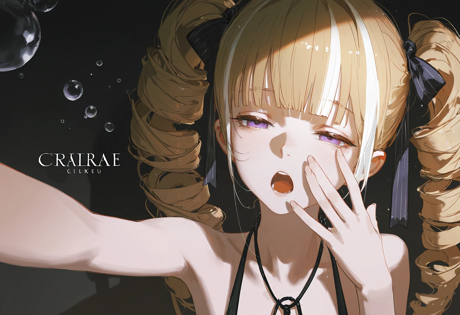 oil painting,impasto,highres,extremely detailed 8k wallpaper,illustration,great quality,masterpiece,best quality,amazing quality,very aesthetic,absurdres,wallpaper,detail eyes,
artist:dino_(dinoartforame),artist:konya_karasue,(artist:nixeu:0.8),(artist:wlop:0.5),artist:ciloranko BREAK
Dark fantasy style,1girl,solo,
<lora:é:1>,Lin,blonde hair,blunt bangs,golden hair,purple eyes,twintails,very long hair,
SkinHairDetail,SkinDetail,OverallDetail,EyeDetail,shadows,high contrast,(portrait:1.3),taking selfie,selfie,solo,
(front view:1.2),streaked hair,white hair tip,white hair,(big drill hair:1.8),twintails,(sleepy:1.2),squinting,(open mouth wide:1.2),(black hanging collar:1.8),bare shoulders,text;Zzzz...,(black silk phnom penh ribbon:1.2),(hair ribbon:1.1),hair bow,bubble,yawning,palms,