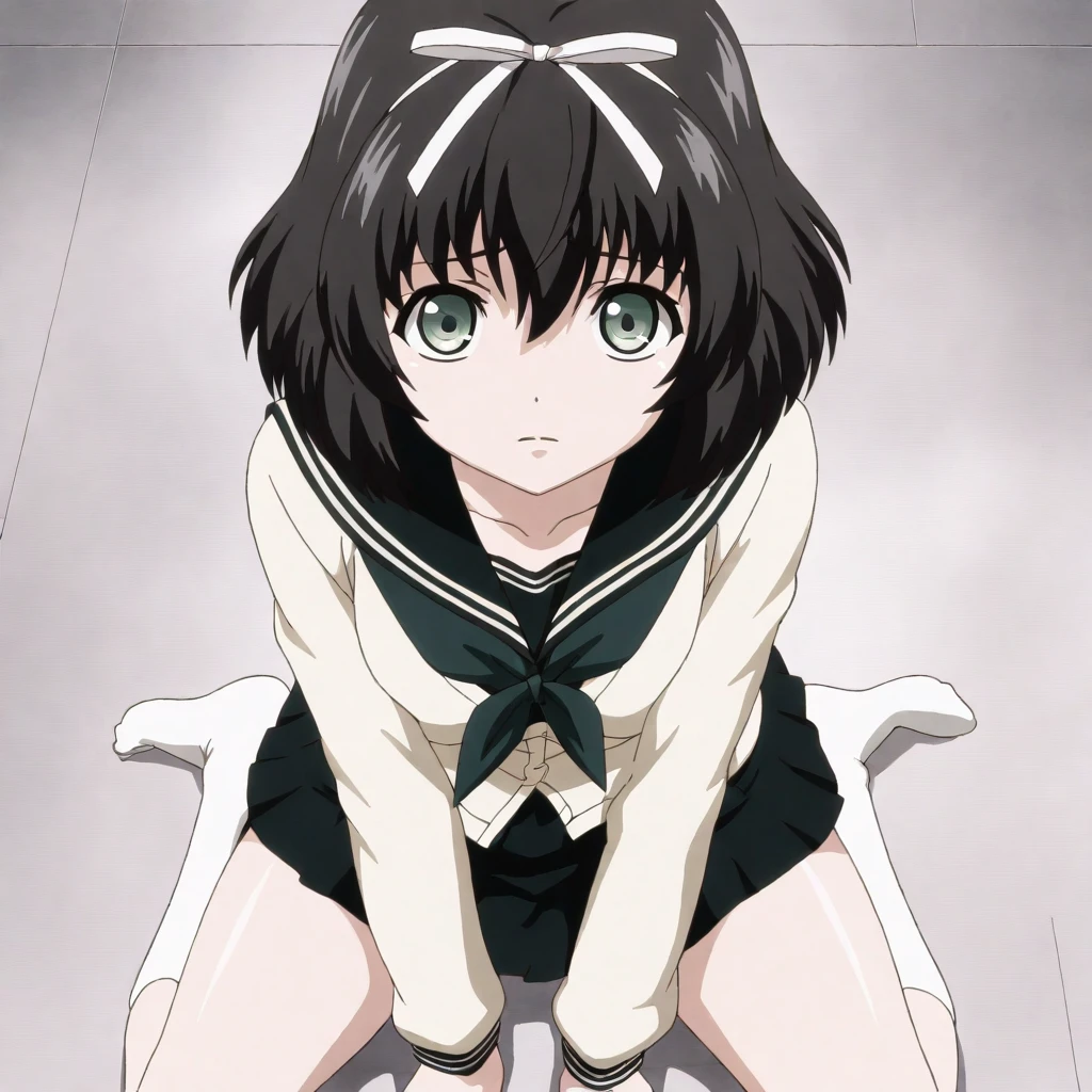 masterpiece,high score,great score,absurdres,anime coloring,looking at viewer,solo,<lora:KanaeHokari hassakuill30:1> kanaehokari, black hair, short hair, hair ribbon, green eyes,serafuku,skirt,white socks,