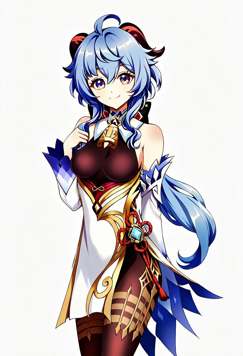 ((harukawa moe style)), ((white background)), ((black contour)), ((solo)), (1girl), posing, (smile), Ganyu_(Genshin_Impact)