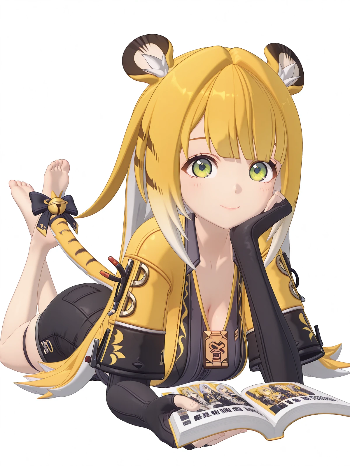 masterpiece, best quality, amazing quality,, <lora:zzz-ju-fufu-ingame-illustriousxl-lora-nochekaiser:1>, ju fufu, animal ears, blonde hair, colored inner hair, green eyes, grey hair, white hair, very long hair, tiger girl, tiger ears, tiger tail, mature female, medium breasts, 3d, bell, black bow, black gloves, black shorts, collred shirt, elbow gloves, fingerless gloves, jacket, kneehighs, shirt, skindentation, tail bow, tail ornament, thigh strap,, <lora:the-pose-illustriousxl-lora-nochekaiser:1>, the pose, on stomach, feet up, lying, soles, feet, legs up, head rest, barefoot, cleavage, ass, looking at viewer, smile, blush,, airport, waiting area, suitcase, flight delayed, passengers, reading book, cowboy shot, solo, looking at viewer, <lora:transparent-background-illustriousxl-lora-nochekaiser:1>, transparent background, simple background, white background