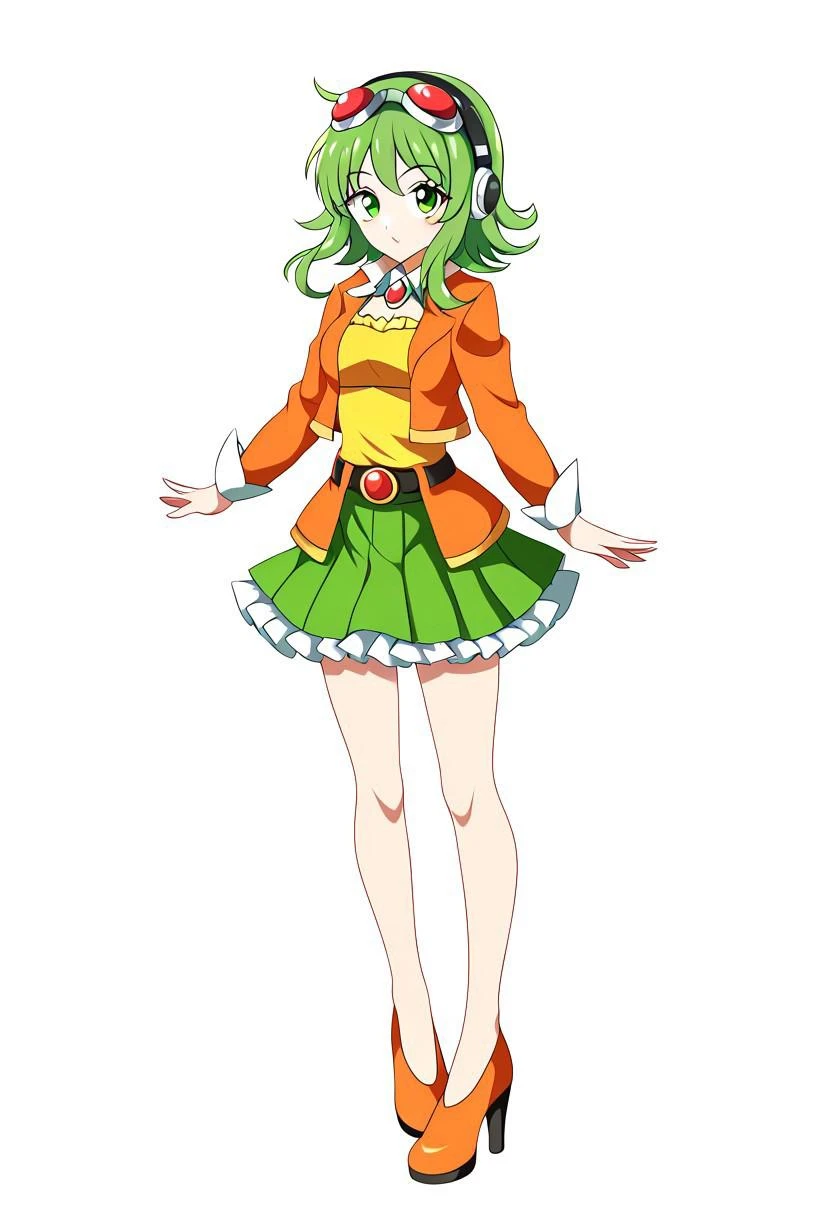 ((ssaf style)), ((white background)), ((black contour)), ((solo)), (1girl), gumi, green eyes, green hair, medium hair, sidelocks, bare legs, belt, brooch, frilled skirt, frills, goggles, goggles on head, green skirt, green tube top, headphones, high heels, jacket, jewelry, layered skirt, orange footwear, orange jacket, orange skirt, pleated skirt, red goggles, shirt, skirt, strapless, tube top, yellow shirt,