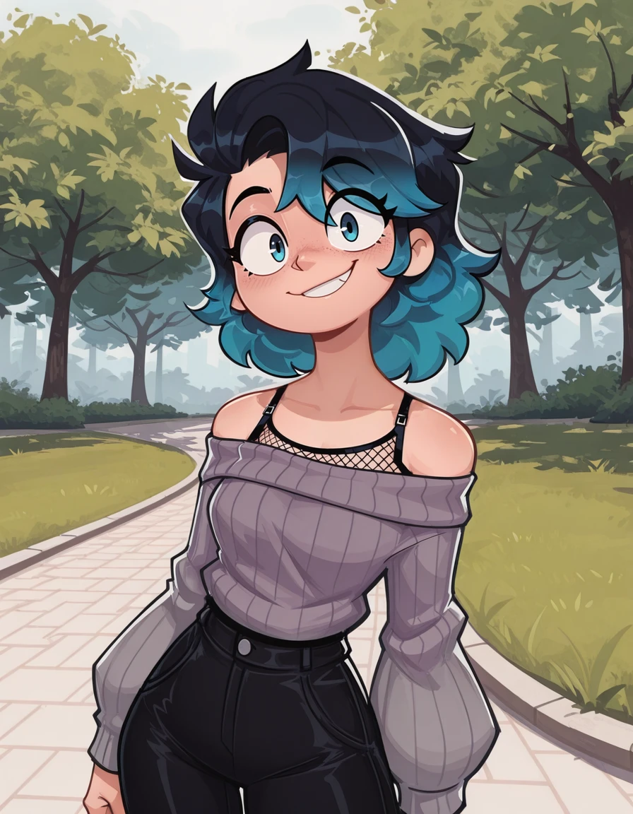 <lora:Bensadfleck_Style_LoRA:1> b3ns4dfl3ck, 
<lora:OC_Rae_Character_LoRA:1>
(masterwork, illustration, Ra3lyn, masterpiece, best quality, hyper-detailed, 8k uhd::1.4),
1girl, Ra3lyn.
A close-up illustration of Ra3lyn, heavily stylized with a drama layer, outside in a park
She is wearing an off-the-shoulder sweater, ripped fishnets.
Her hair has a gradient.
She is looking at the viewer.
solo, off-the-shoulder sweater, ripped fishnets, bra strap, gradient hair, face, close up, dark clothes, looking at viewer, park, nature, daytime, heavily stylized, drama layer, amazing quality, smile, black pants