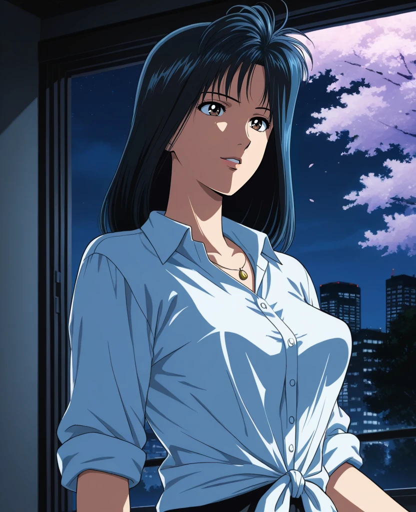 masterpiece, best quality, anime coloring, <lora:shima_ryokoV5:1> , 1girl, solo, shima ryoko, long hair, black hair, white collared shirt, tied shirt, shirt in shirt, necklace, sleeves rolled up, perky , , (curvy:0.6), indoors, city background, upper body, light smile, night sky, parted lips, shade, tree, cherry blossoms,skyscraper