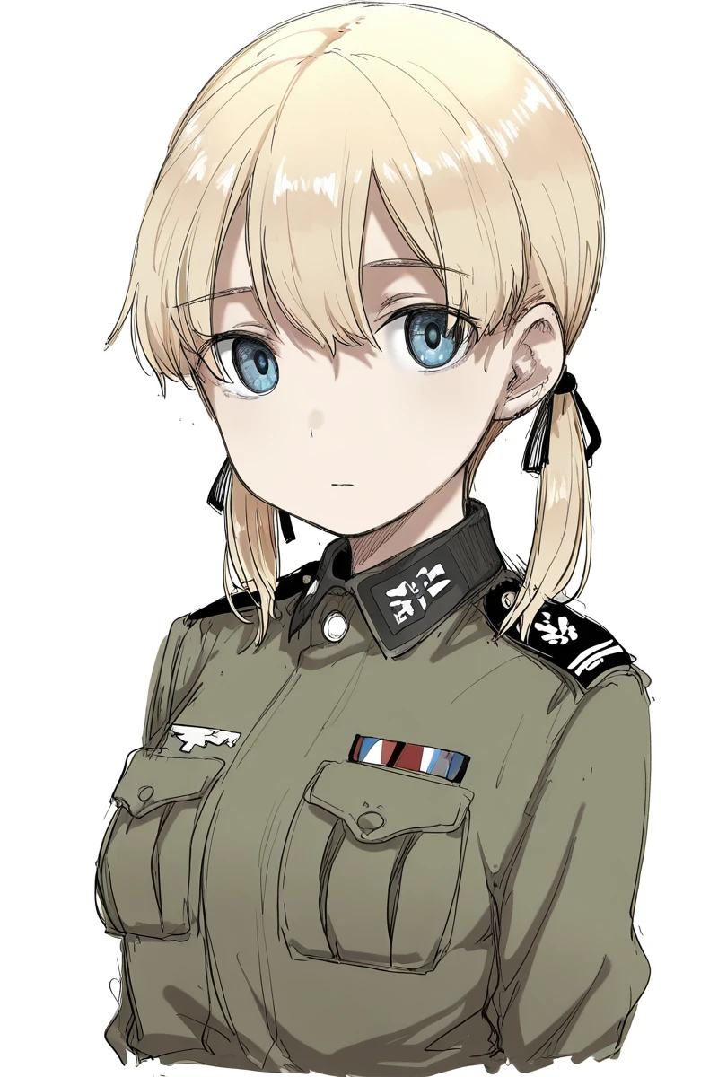 masterpiece, best quality, amazing quality,
 <lora:KubikiriV2_IL:1> kubikiri, 1girl, solo, blonde hair, white background, blue eyes, simple background, military, looking at viewer, military uniform, hair ribbon, ribbon, uniform, sketch, pencil drawing (medium)