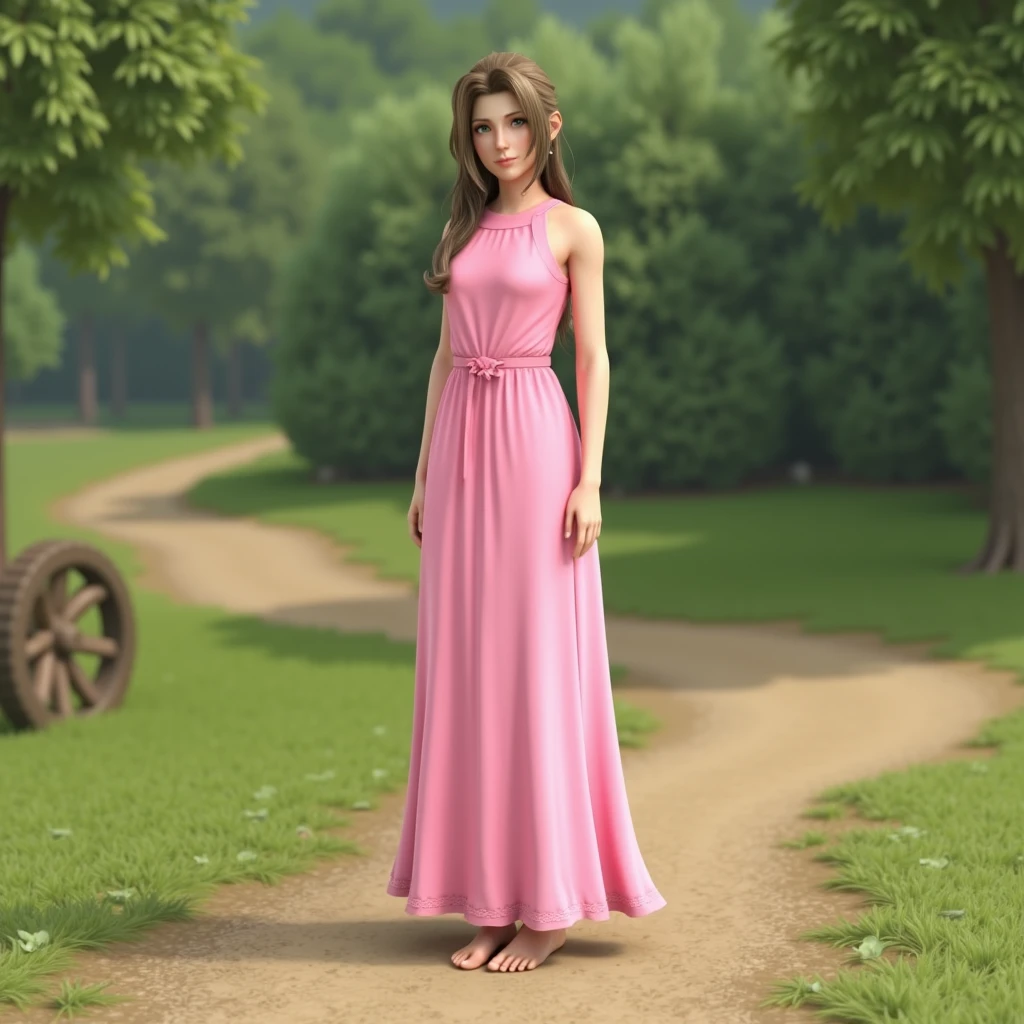cg render, aid_aerith_ff7, aerith gainsborough, 1girl, solo, long hair, brown hair, green eyes, pink dress, long dress, sleeveless, barefoot, looking at viewer, standing, outdoors