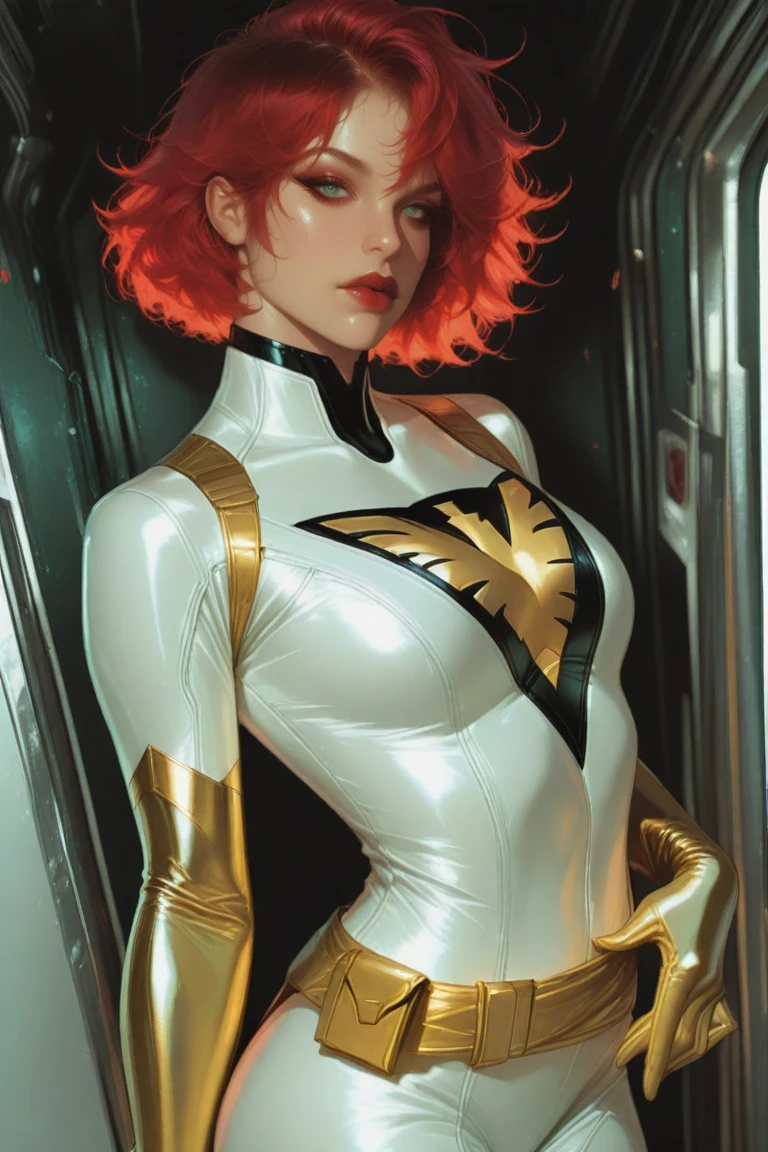 WhitePhoenix, 1girl, solo, red hair, realistic, short hair,  messy hair, gloves, , makeup, yellow gloves, cosplay, elbow gloves, lipstick, superhero, looking at viewer, white , green eyes, red lips, , cosplay, masterpiece,best quality,amazing quality