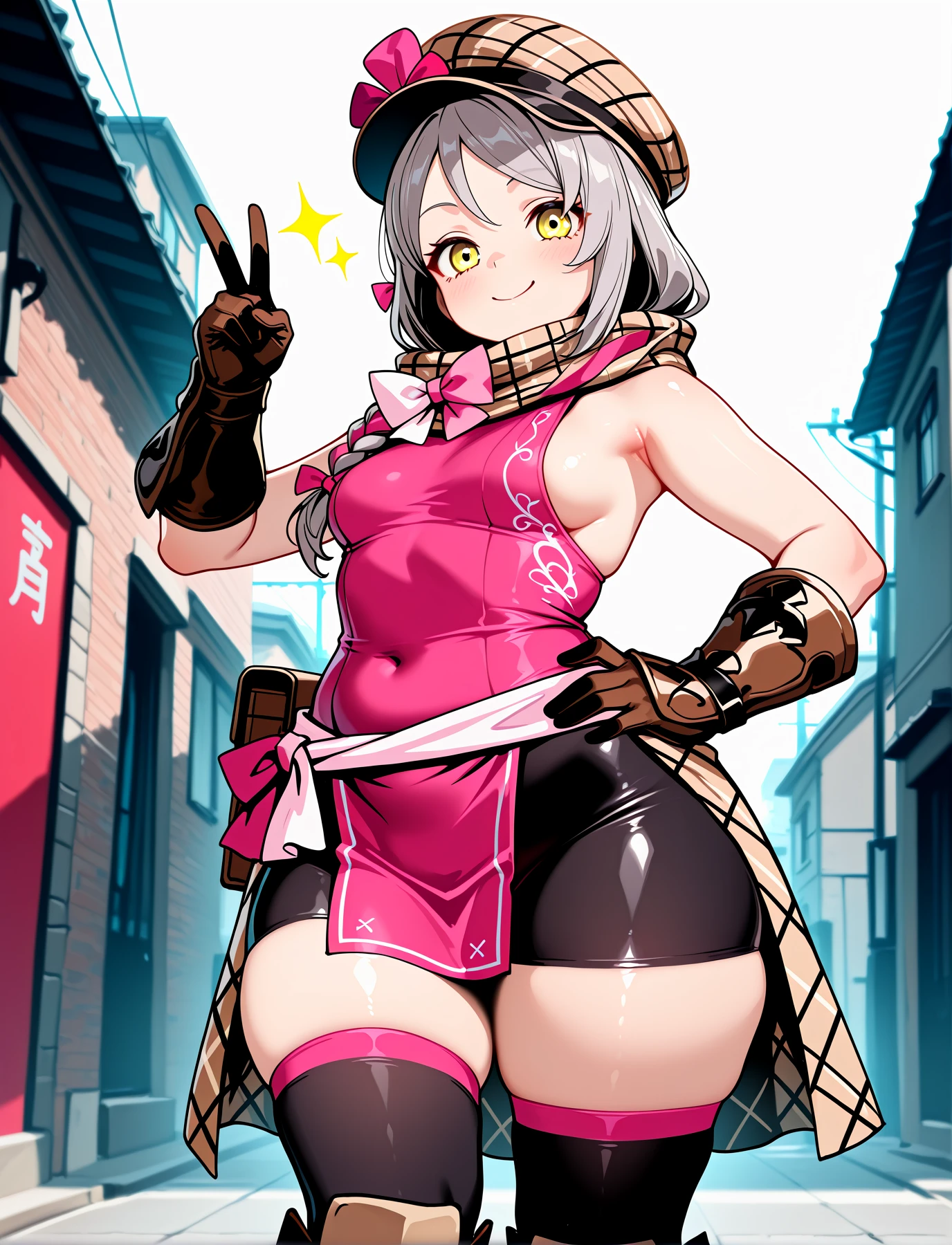 <lora:LECO-mature_female_XL(ill)v11:1> , <lora:Curvier:1>plump, thick thighs, wide , curvy,
 <lora:FrammeEngage:1> FrammeFE, yellow eyes, grey hair, bangs, side braid, bangs, pink bow, , plaid scarf, hot pink sleeveless top, sideboob,  shoulders, black gloves, brown gauntlets, pelvic curtain, plaid sweater around waist, bike shorts,  pink trim, black thighhighs, brown knee boots, plaid brown hat,
hand on own hip, smile, v,, IllusP0s, masterpiece, best quality, amazing quality, very aesthetic, absurdres, newest, Smooth_Quality
