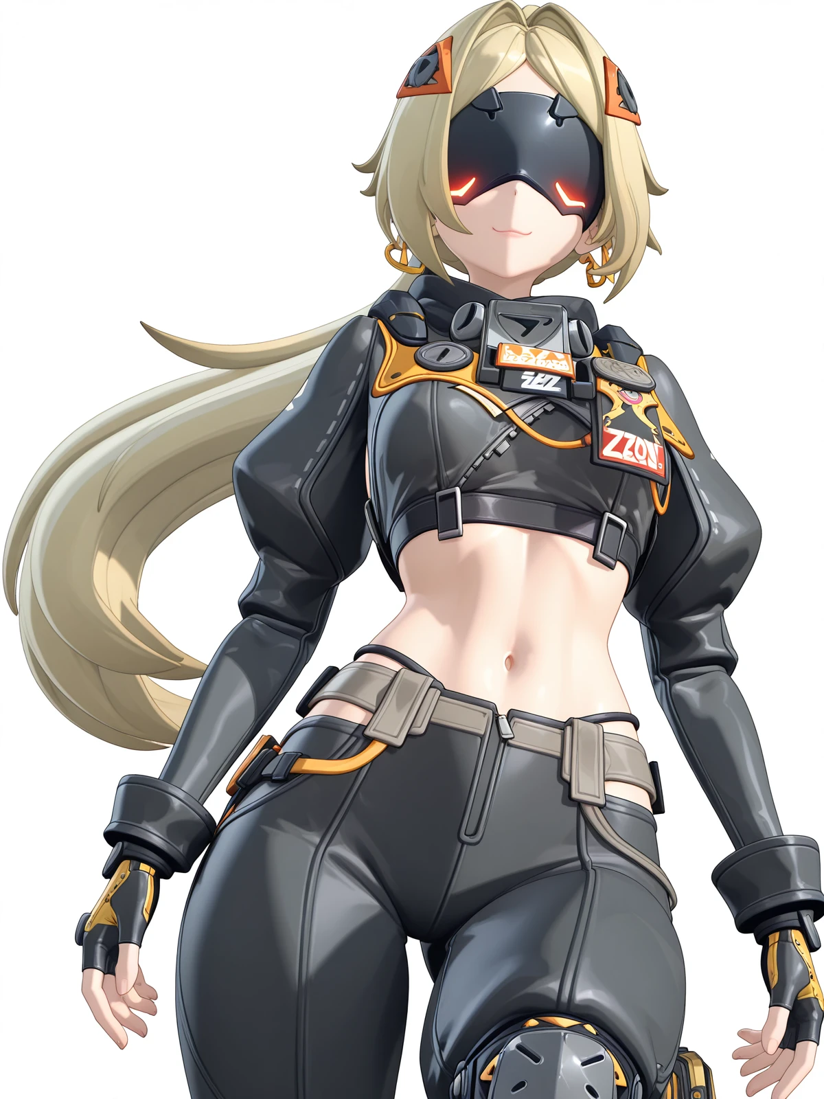 masterpiece, best quality, amazing quality,, <lora:zzz-trigger-ingame-illustriousxl-lora-nochekaiser:1>, trigger, trigger (zenless zone zero), blonde hair, covered eyes, eye mask, hair intakes, hair ornament, long hair, parted bangs, ponytail, very long hair, mature female, small breasts, 3d, black gloves, black pants, crop top, fingerless gloves, juliet sleeves, knee pads, leggins, long sleeves, midriff, navel, puffy sleeves, zipper pull tab, smug, wasteland, barren, dry, post_apocalyptic, desolate, cowboy shot, solo, looking at viewer, <lora:transparent-background-illustriousxl-lora-nochekaiser:1>, transparent background, simple background, white background