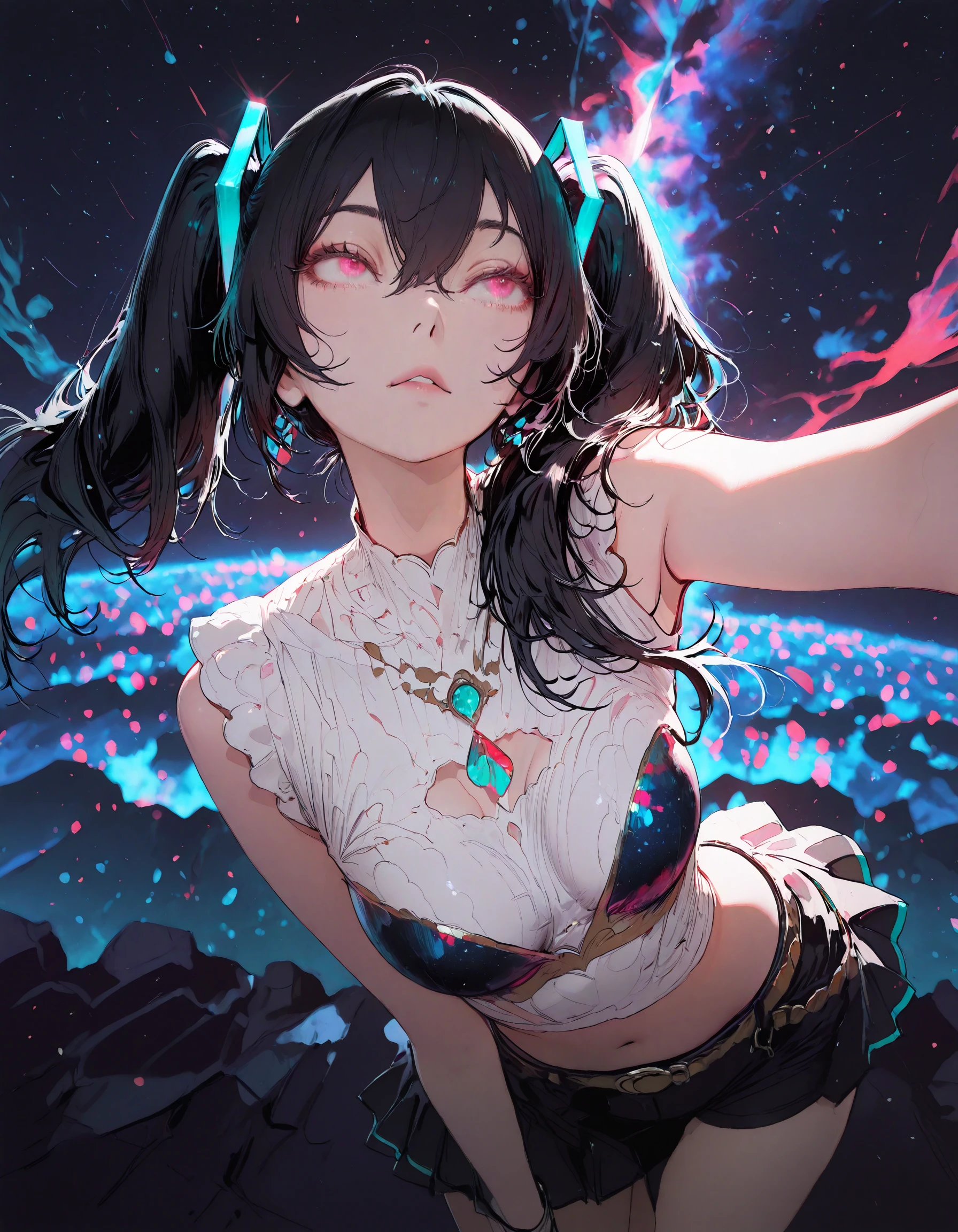 SmoothNoob_Quality, masterpiece, best quality, newest, absurdres, highres, very awa, very aesthetic, ultra-detailed, vivid, hongdie, 1girl, black hair, red eyes, long hair, upturned eyes, hatsune_miku_\(cosplay\), dynamic_pose, cowboy_shot, ilya_kuvshinov, EGirlBG, blurry background, abstract_background, surreal, celestial landscape, <lora:DepthPop:0.55> <lora:Hong_Die_-_Red_Butterfly_Renegade_Immortal-000016:0.7>
