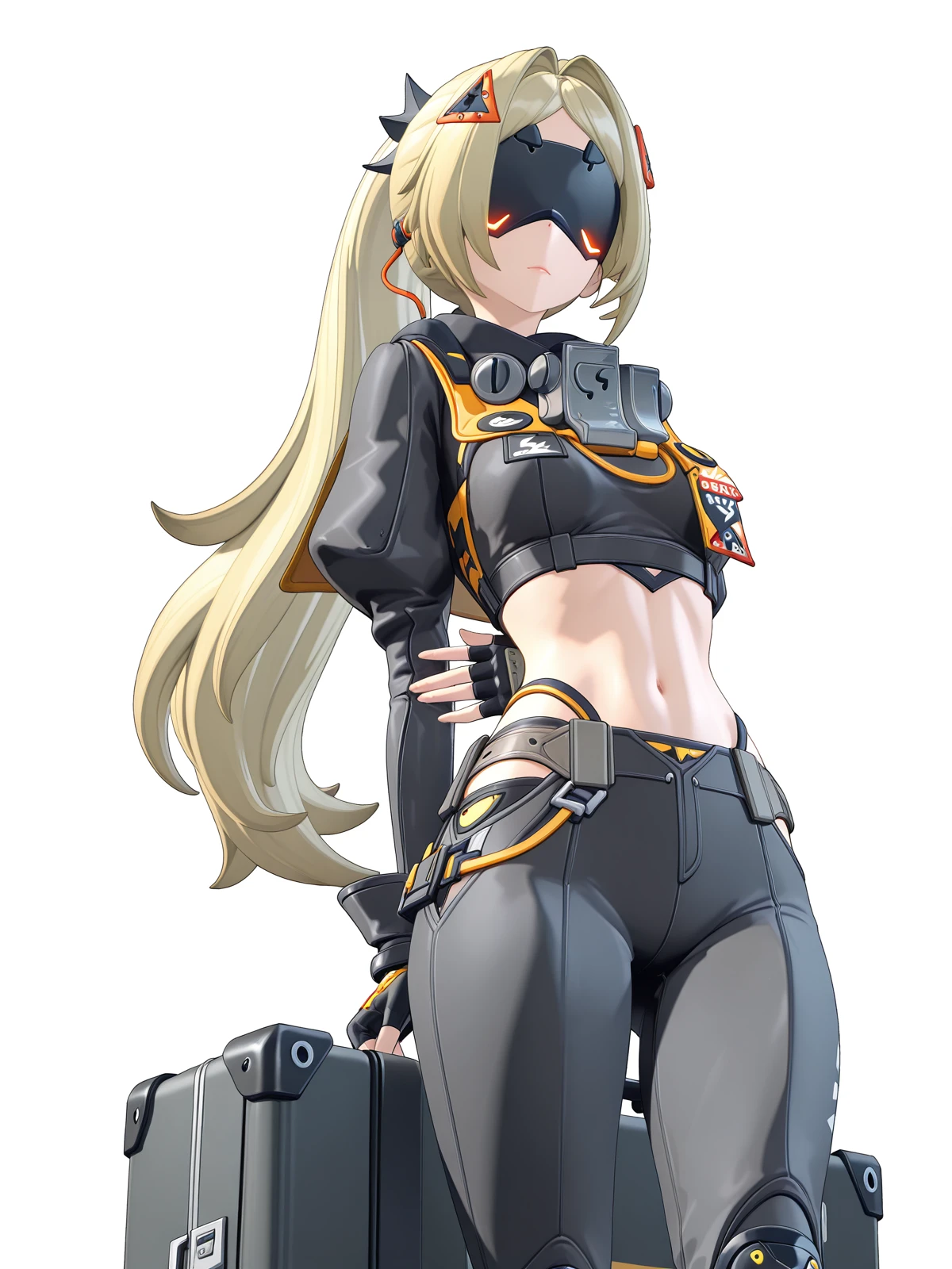 masterpiece, best quality, amazing quality,, <lora:zzz-trigger-ingame-illustriousxl-lora-nochekaiser:1>, trigger, trigger (zenless zone zero), blonde hair, covered eyes, eye mask, hair intakes, hair ornament, long hair, parted bangs, ponytail, very long hair, mature female, small breasts, 3d, black gloves, black pants, crop top, fingerless gloves, juliet sleeves, knee pads, leggins, long sleeves, midriff, navel, puffy sleeves, zipper pull tab, from below, train station, waiting for train, suitcase, traveling, commute, city skyline, hands behind back, cowboy shot, solo, looking at viewer, <lora:transparent-background-illustriousxl-lora-nochekaiser:1>, transparent background, simple background, white background