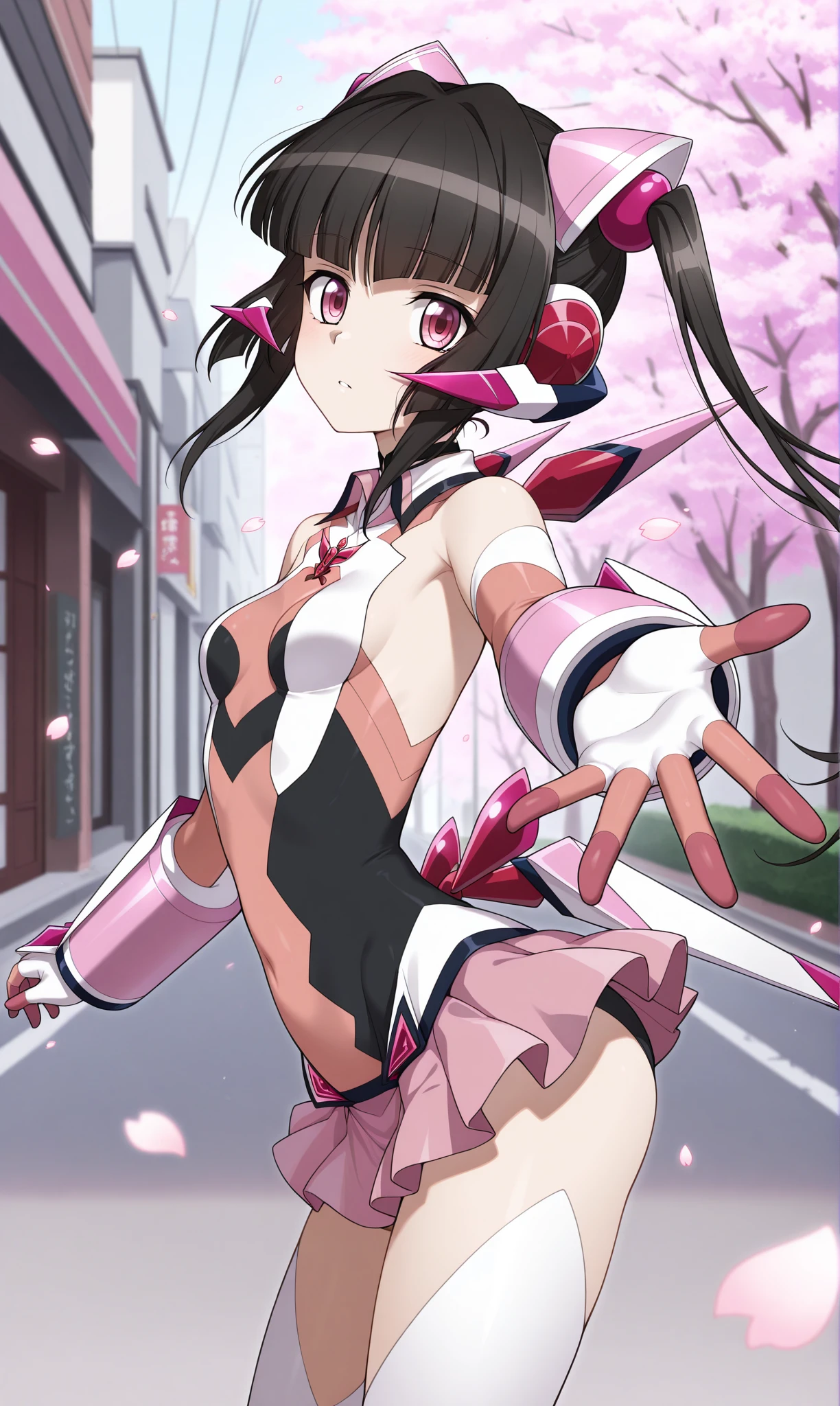 1girl, solo, masterpiece, best quality, amazing quality, cherry blossoms, street, looking at viewer, close-up, reaching out, from side  <lora:tsukuyomi_shirabe_illust_scarxzys:1>,  sidelocks, tsukuyomi shirabe, pink eyes, black hair, blunt bangs, twintails,  hair ribbon,   headgear, hair ornament, symphogear pendant, white thighhighs, leotard, covered navel, elbow gloves, pink bodysuit, black bodysuit, two-tone bodysuit, two-tone gloves, microskirt, pink skirt, detached sleeves, black choker, white detached collar