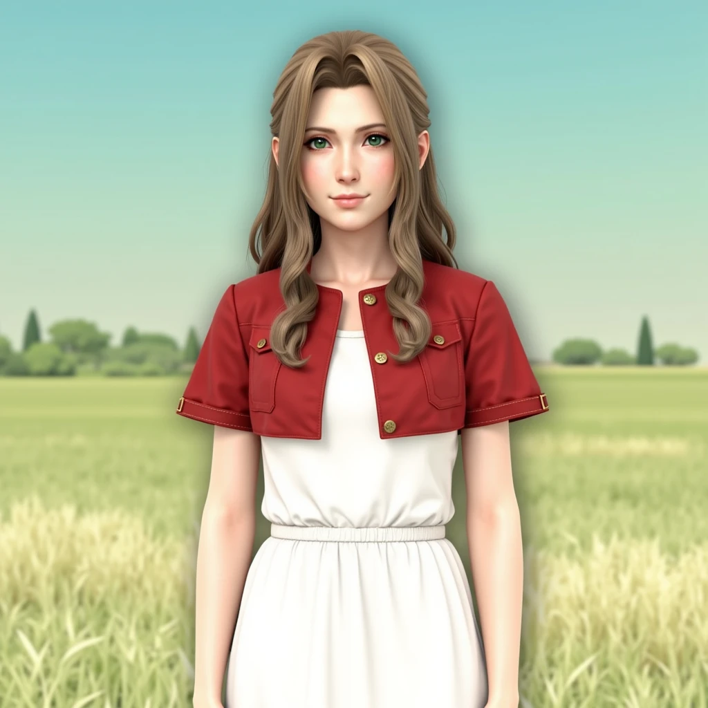 aid_aerith_ff7, aerith gainsborough, 1girl, solo, long hair, brown hair, green eyes, white dress, long dress, red jacket, cropped jacket, short sleeves, looking at viewer, standing, outdoors