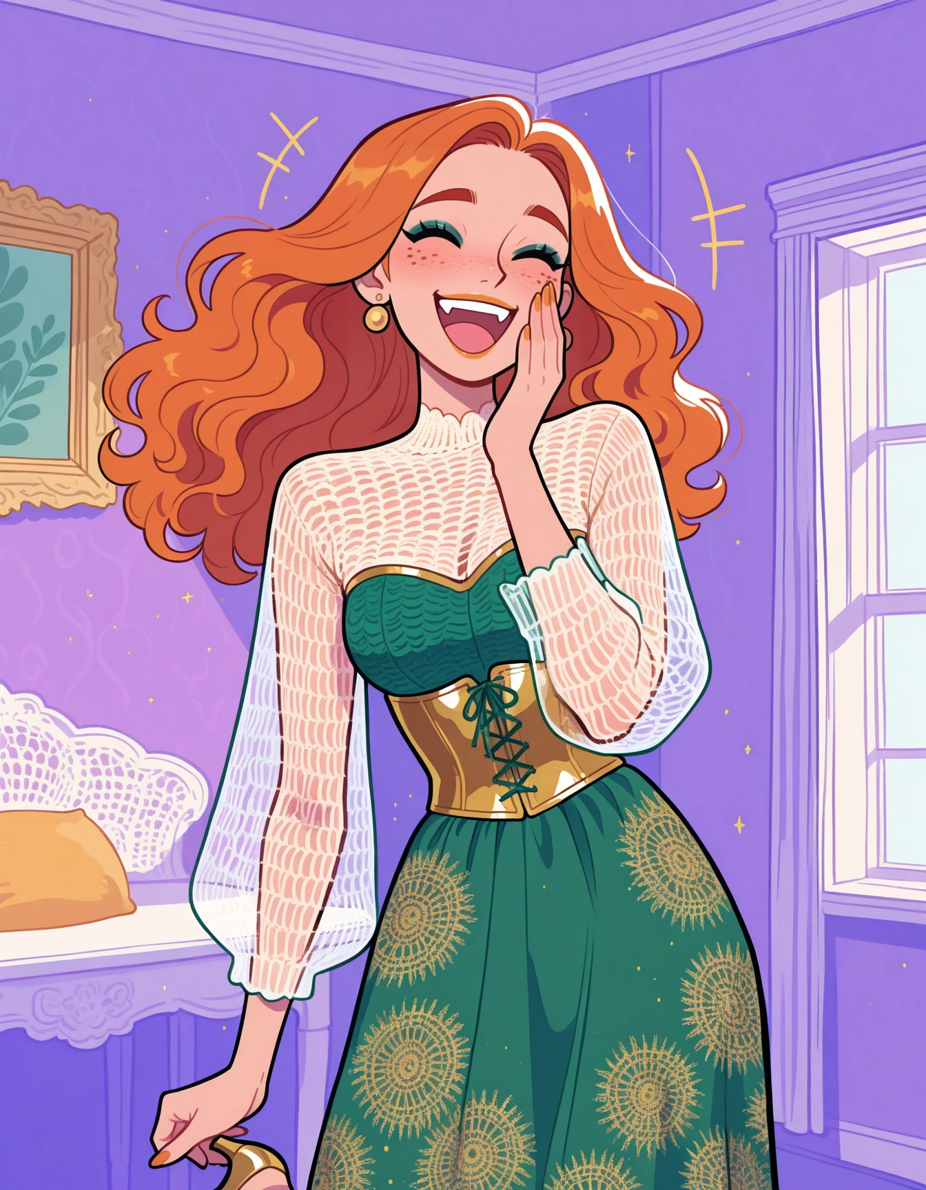 1girl, indoors, makeup, orange hair, freckles, crochet ballgown, green clothing, gold clothing, mesh fabric, dress twirl, cowboy shot, happy, corset, high heels, laughing, <lora:Outfit_soph-CrochetThings-ILXL:1>   <lora:Style_ecstatic-Wonderkind-ILXL:1> CW-Illu masterpiece, best quality, very aesthetic, newest