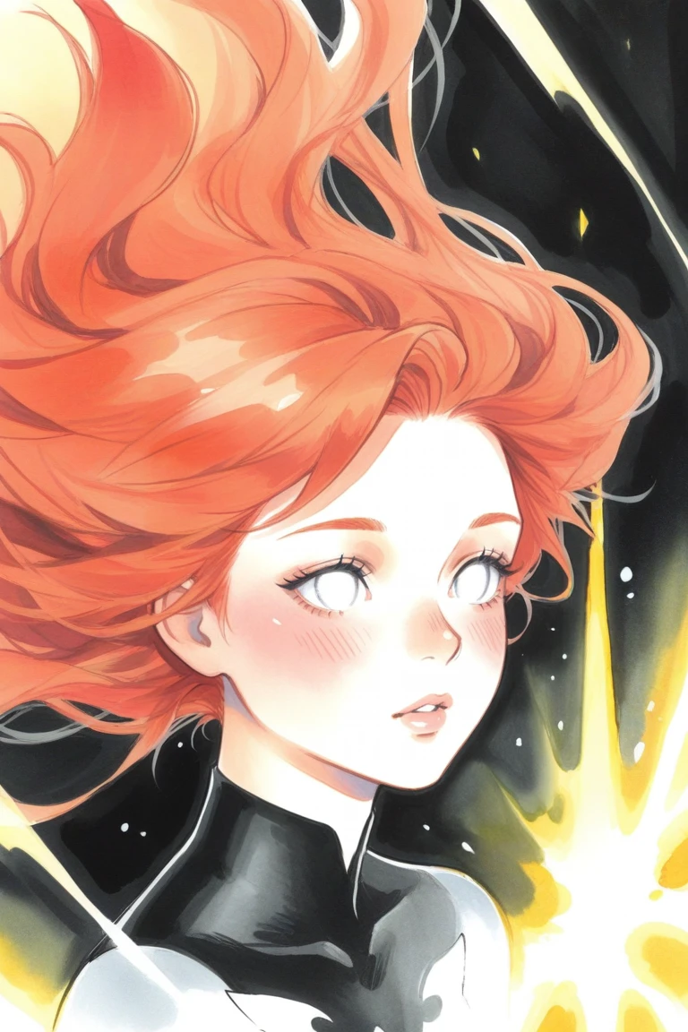 WhitePhoenix, 1girl, solo, red hair, no pupils, lips, portrait, white eyes, floating hair, parted lips, long hair, glowing, blush, orange hair, traditional media, very awa