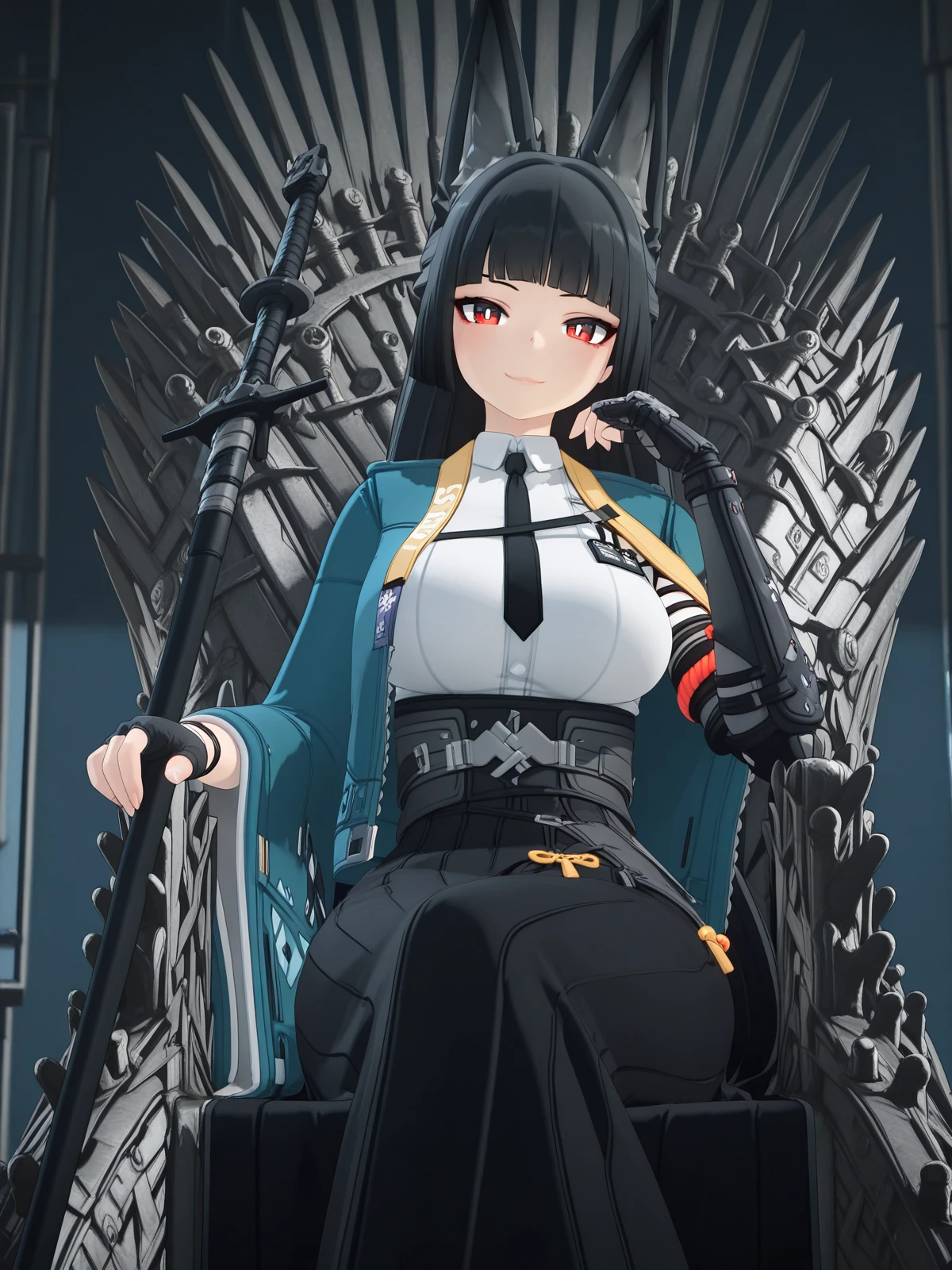 masterpiece, best quality, amazing quality,, <lora:zzz-miyabi-hoshimi-ingame-illustriousxl-lora-nochekaiser:1>, miyabi hoshimi, hoshimi miyabi, animal ear fluff, animal ears, black hair, bright pupils, fox ears, fox girl, half updo, long hair, red eyes, sidelocks, white pupils, mature female, large breasts, 3d, asymmetrical gloves, black gloves, black necktie, black skirt, blue jacket, collared shirt, fingerless gloves, gloves, high-waist skirt, jacket, long skirt, necktie, shirt, side slit, single fingerless glove, skirt, white shirt, wide sleeves,, <lora:iron-throne-illustriousxl-lora-nochekaiser:1>, iron throne, sitting, looking at viewer, sword, throne, sitting on throne, smile, elbow rest, crossed legs, control tower, high, air_traffic, windows, staff, cowboy shot, solo, looking at viewer,