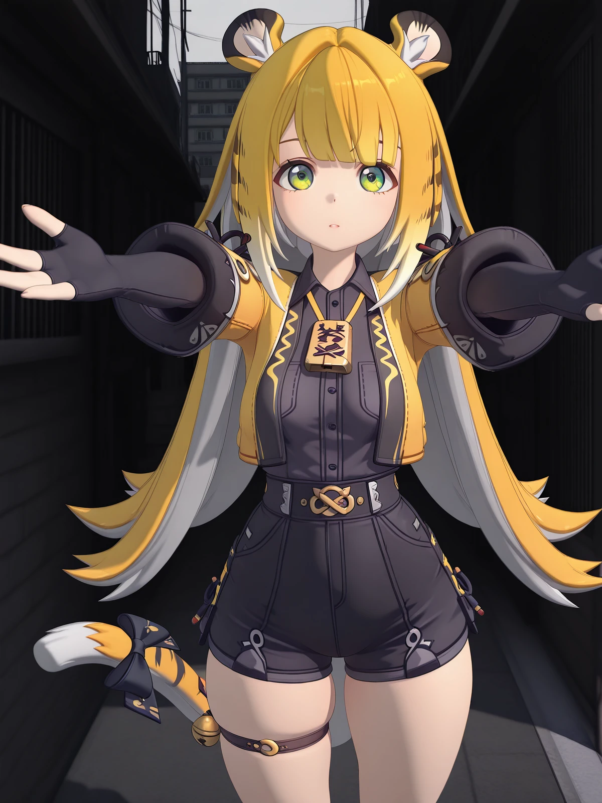 masterpiece, best quality, amazing quality,, <lora:zzz-ju-fufu-ingame-illustriousxl-lora-nochekaiser:1>, ju fufu, animal ears, blonde hair, colored inner hair, green eyes, grey hair, white hair, very long hair, tiger girl, tiger ears, tiger tail, mature female, medium breasts, 3d, bell, black bow, black gloves, black shorts, collred shirt, elbow gloves, fingerless gloves, jacket, kneehighs, shirt, skindentation, tail bow, tail ornament, thigh strap,, on back, arm support, arms up, incoming hug, pov, reaching, reaching towards viewer,, alley, narrow, urban, dark, buildings, cowboy shot, solo, looking at viewer, <lora:transparent-background-illustriousxl-lora-nochekaiser:1>, transparent background, simple background, white background