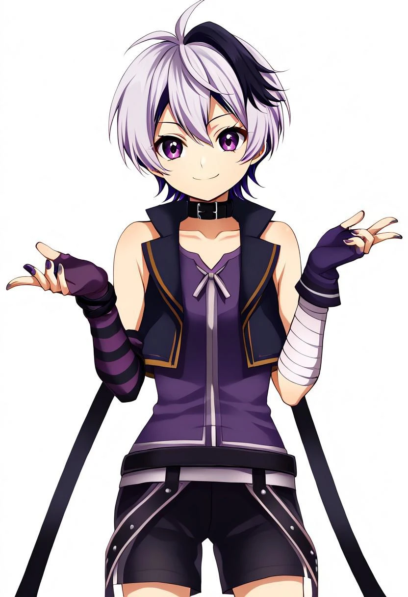 ((harukawa moe style)), ((white background)), ((black contour)), ((solo)), (1girl), posing, (smile), vocaloidflowerv4, short hair, streaked hair, white hair, purple hair, purple jacket, sleeveless jacket, purple shirt, sleeveless shirt, arm warmers, striped sleeves, purple gloves, fingerless gloves, black shorts, belt collar, bandages, bandaged arm, nail polish, purple nails, bare shoulders, collarbone
