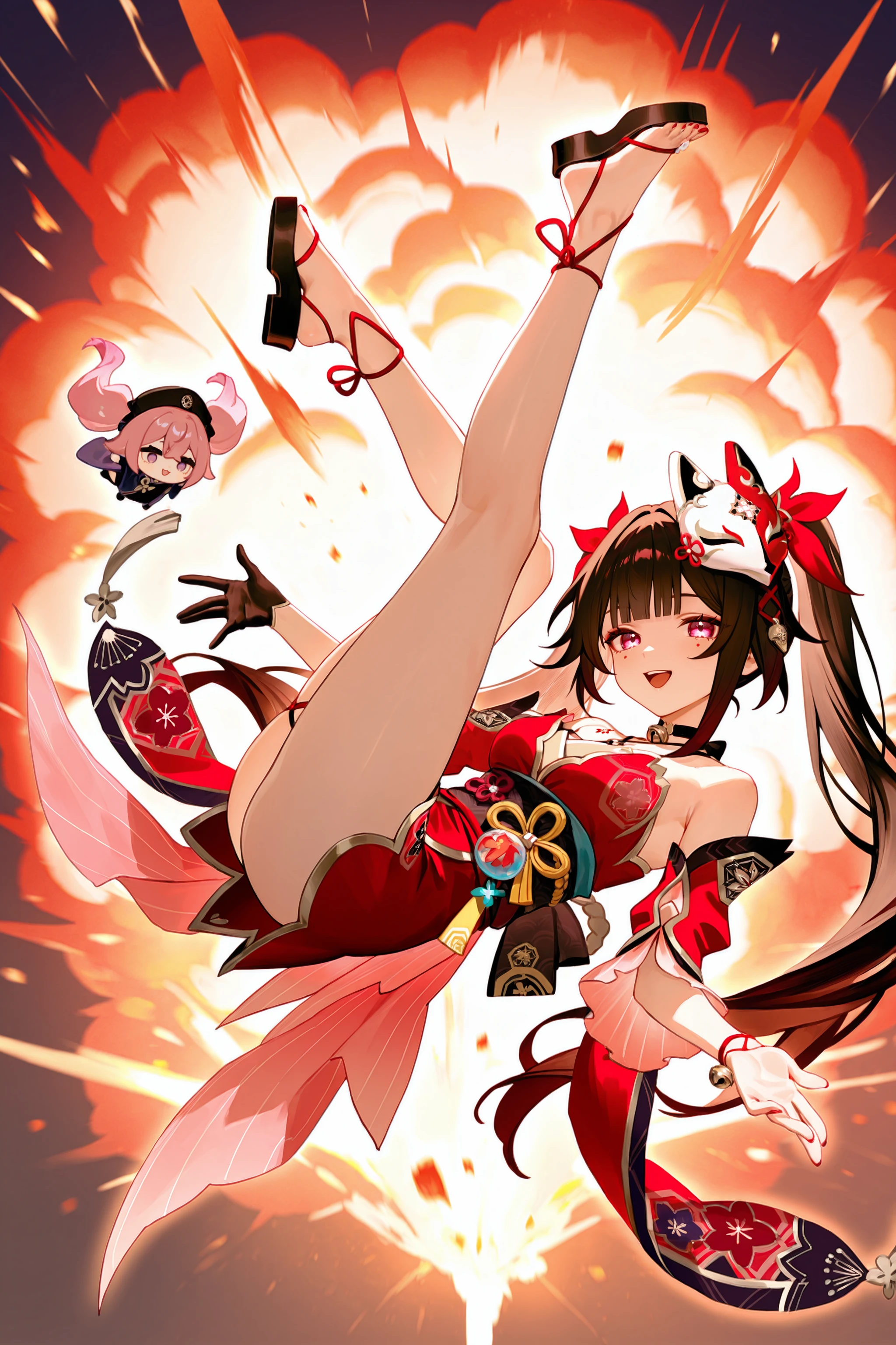 <lora:Char-HonkaiSR-Sparkle-V4-IL:0.9:hr=0.6>, mimoza \(96mimo414\), rei \(sanbonzakura\), mochi \(circle rin\), (rhasta, yonchan, watao, minaba hideo:0.95)
masterpiece, best quality, amazing quality, very aesthetic, absurdres, newest, (scenery, volumetric lighting) 1girl, sparkle \(honkai: star rail\), twintails, red hair ribbon, criss-cross halter, off shoulder kimono, mask on head, detached furisode sleeves, bell choker, obi, black single glove, wrist ribbon, nail polish, cross-laced sandals, criss-cross halter, thigh strap, looking at viewer, smile, open mouth, full body, legs up, floating, midair, explosion, fire
