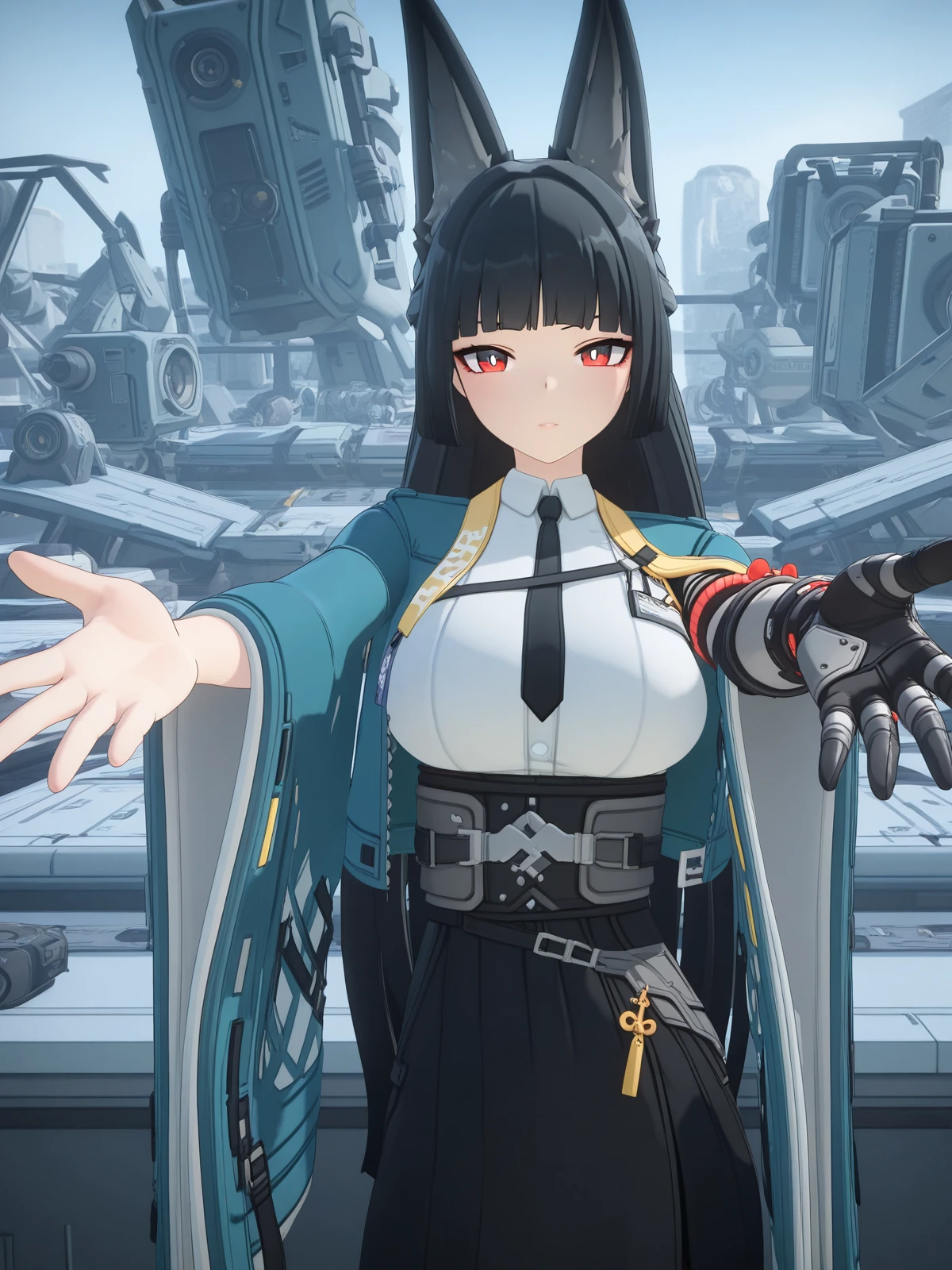 masterpiece, best quality, amazing quality,, <lora:zzz-miyabi-hoshimi-ingame-illustriousxl-lora-nochekaiser:1>, miyabi hoshimi, hoshimi miyabi, animal ear fluff, animal ears, black hair, bright pupils, fox ears, fox girl, half updo, long hair, red eyes, sidelocks, white pupils, mature female, large breasts, 3d, asymmetrical gloves, black gloves, black necktie, black skirt, blue jacket, collared shirt, fingerless gloves, gloves, high-waist skirt, jacket, long skirt, necktie, shirt, side slit, single fingerless glove, skirt, white shirt, wide sleeves,, on back, arm support, arms up, incoming hug, pov, reaching, reaching towards viewer,, megastructure, large, futuristic, building, complex, cowboy shot, solo, looking at viewer,