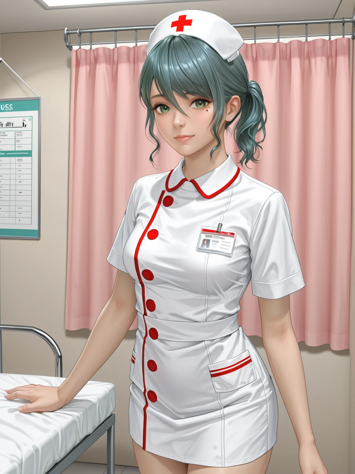 tamaki \(doax vv\),short ponytail,green eyes,mole under eye,nurse,