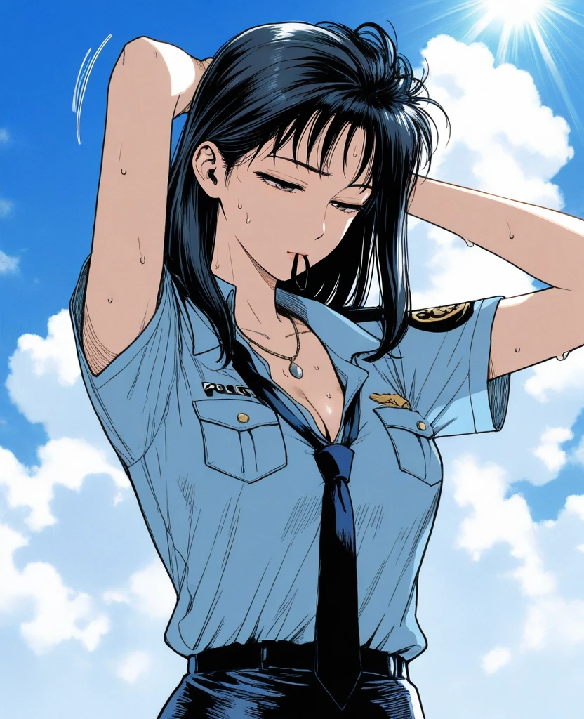 masterpiece, best quality, absurdres, (hatching \(texture\):1.5), , <lora:shima_ryokoV5:1>, 1girl, shima ryoko, long hair, black hair, cleavage, blue police uniform, black miniskirt, (portrait:1.5), perky breasts, tight clothes, standing, <lora:Retroabn-illustriousXL_v01_V2-CAME:0.5>,shirt tucked in, short sleeves, blue sky, summer, cloudy sky, sweat, loose necktie, tying hair, motion lines, mouth in pink strap, half-closed eyes, shade, hair behind ear, (sunlight:1.2), necklace,