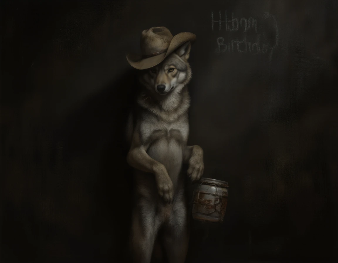 <lora:timokha:1>, A young gray wolf stands upright against a dark, textured wall, his fur detailed and soft under dim lighting. He wears a slightly worn cowboy hat tilted to one side, shadowing his eyes. His posture is relaxed but alert, one paw resting lightly on his hip, the other holding a small, handmade drum made from a jar and rubber band. Behind him, faintly written in chalk on the wall: "Happy Birthday!" â a message left by friends. Style: realistic wildlife illustration, dramatic lighting, hyper-detailed fur and textures. Mood: introspective, quietly proud, full of unspoken stories.