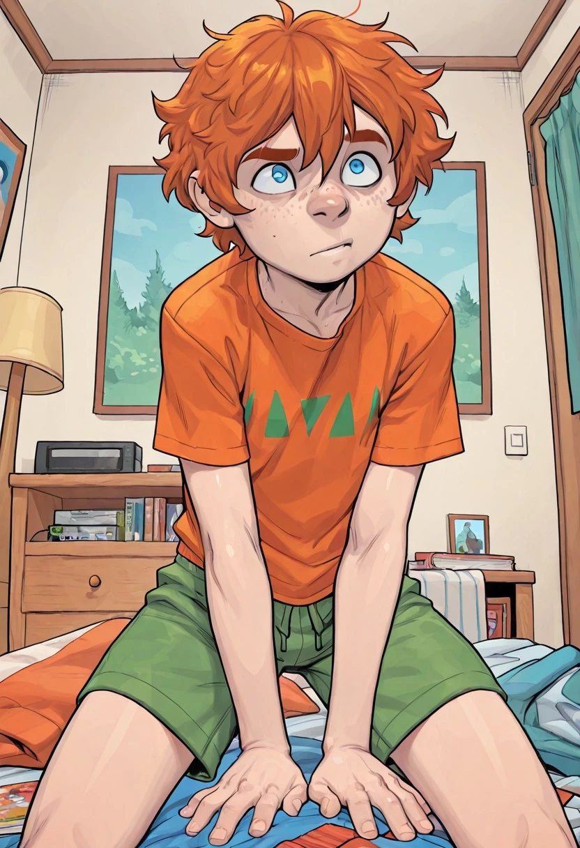1boy, male focus, solo, Bailey Briggs, orange hair, Ginger Hair, Messy Hair, freckles, blue eyes, t-shirt, shorts, bedroom, messy bedroom, comic book coloring, vibrant colors, masterpiece, best quality, amazing quality, very aesthetic, absurdres, newest, detailed background, cute boy, very awa