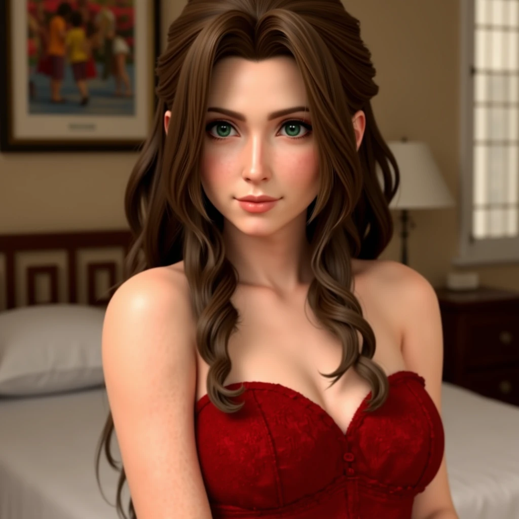 aid_aerith_ff7, aerith gainsborough, 1girl, long hair, brown hair, green eyes, red dress, strapless, looking at viewer, close-up, portrait, bedroom