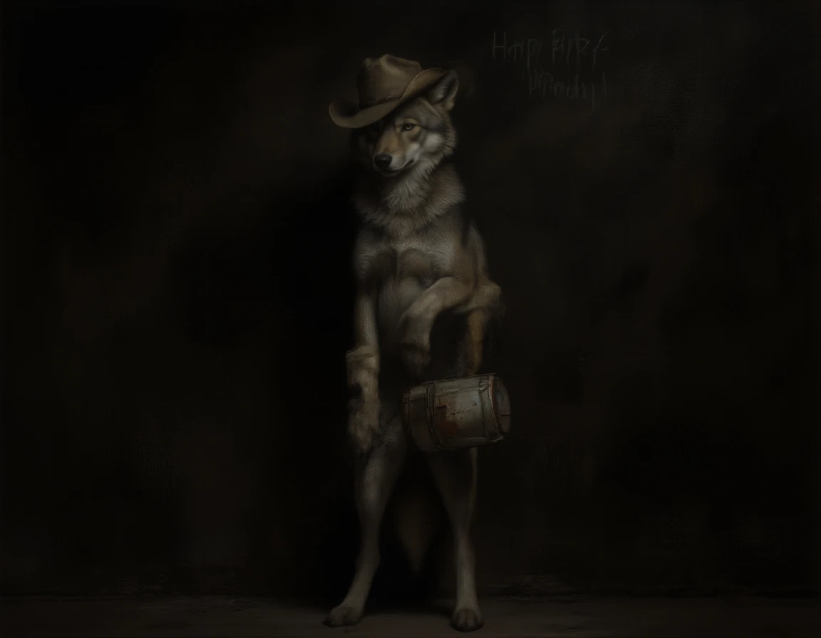 <lora:timokha:1>, A young gray wolf stands upright against a dark, textured wall, his fur detailed and soft under dim lighting. He wears a slightly worn cowboy hat tilted to one side, shadowing his eyes. His posture is relaxed but alert, one paw resting lightly on his hip, the other holding a small, handmade drum made from a jar and rubber band. Behind him, faintly written in chalk on the wall: "Happy Birthday!" â a message left by friends. Style: realistic wildlife illustration, dramatic lighting, hyper-detailed fur and textures. Mood: introspective, quietly proud, full of unspoken stories.