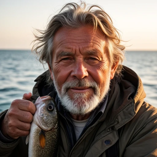 Close-up of a weathered fisherman with deep-set eyes and a kind smile, holding a freshly caught fish, sea breeze tousling his hair, soft golden hour light, hyperrealistic skin textures, cinematic realism with precise depth of field