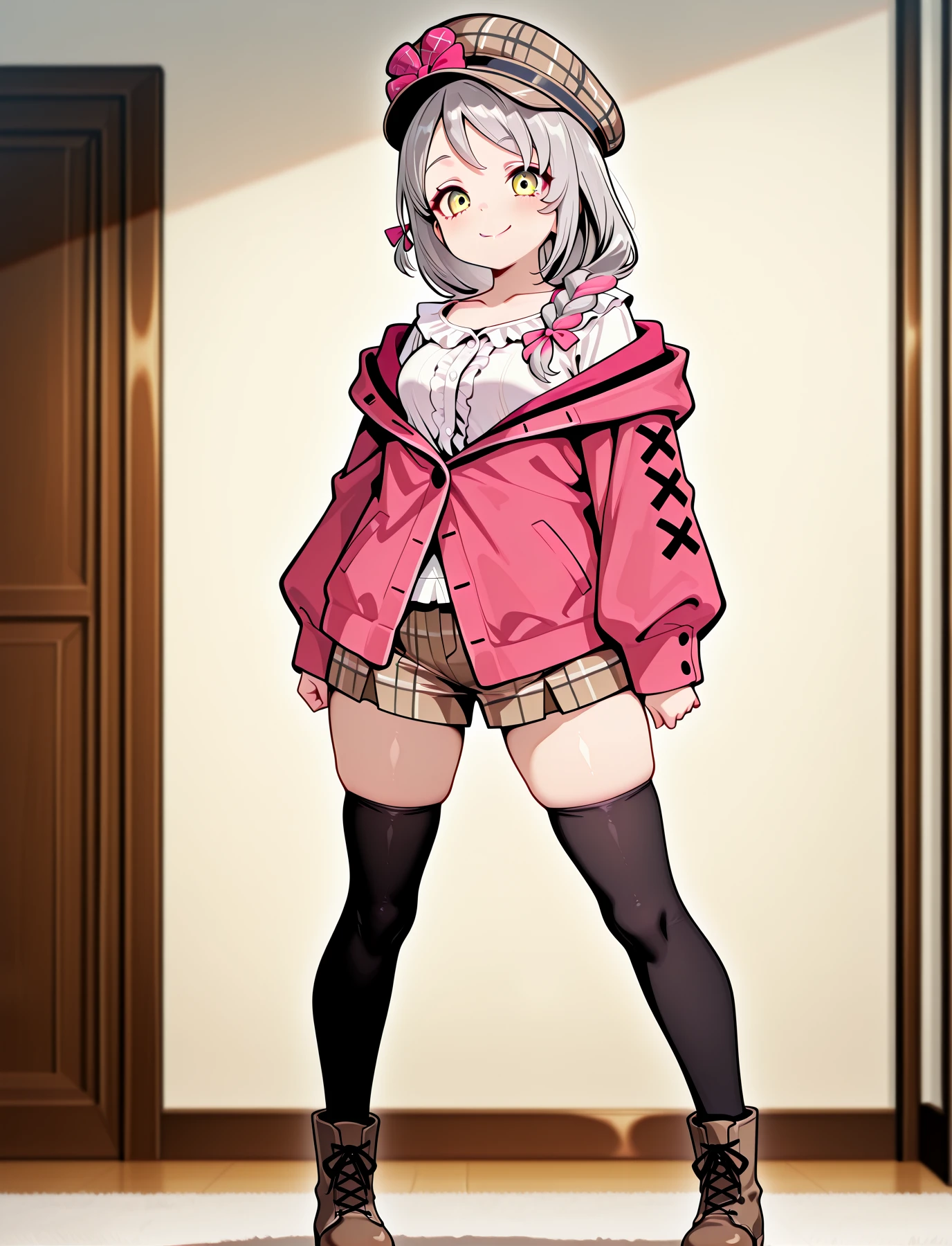 <lora:LECO-mature_female_XL(ill)v11:1> , <lora:Curvier:1>plump, thick thighs, wide hips, curvy,
<lora:FrammeEngage:1> yellow eyes, grey hair, bangs, side braid, bangs, pink bow, medium breasts, FramCas, collarbone, frilled shirt, white undershirt, pink sweater jacket, partially unbuttoned, brown plaid shorts, plaid hat, pink trim, black thighhighs, brown boots,
<lora:vocaloid-boxart-pose-illustriousxl-lora-nochekaiser:1> vocaloid boxart pose, solo, looking at viewer, smile, closed mouth, standing, full body,, IllusP0s, masterpiece, best quality, amazing quality, very aesthetic, absurdres, newest, Smooth_Quality